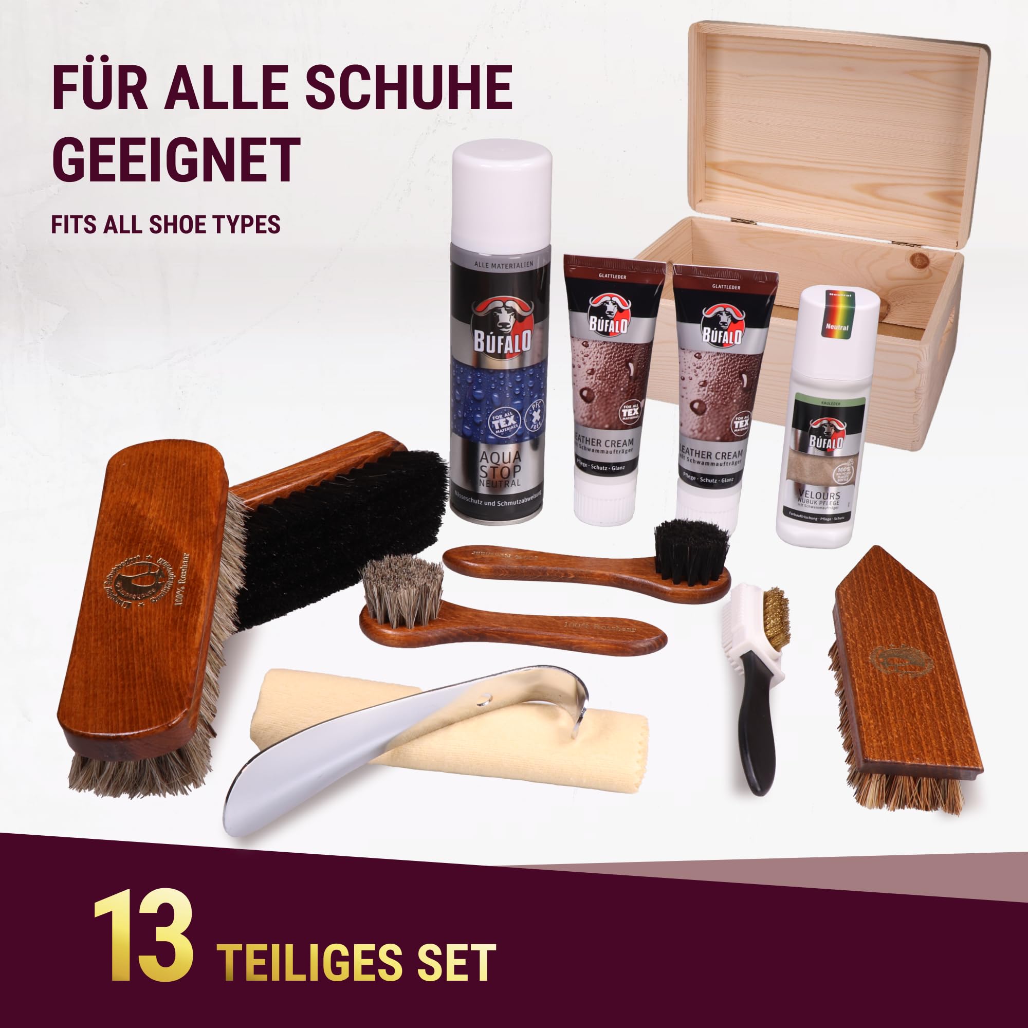 Langlauf Schuhputzset 13tlg Venezia - Schuhpflege Glatt- & Wildlederbürsten | mit Schuhcreme farblos/schwarz, Imprägnierung, Velours- & Nubukpflege, Rosshaarbürste Schuhbürsten Set für Glanz & Reinigung