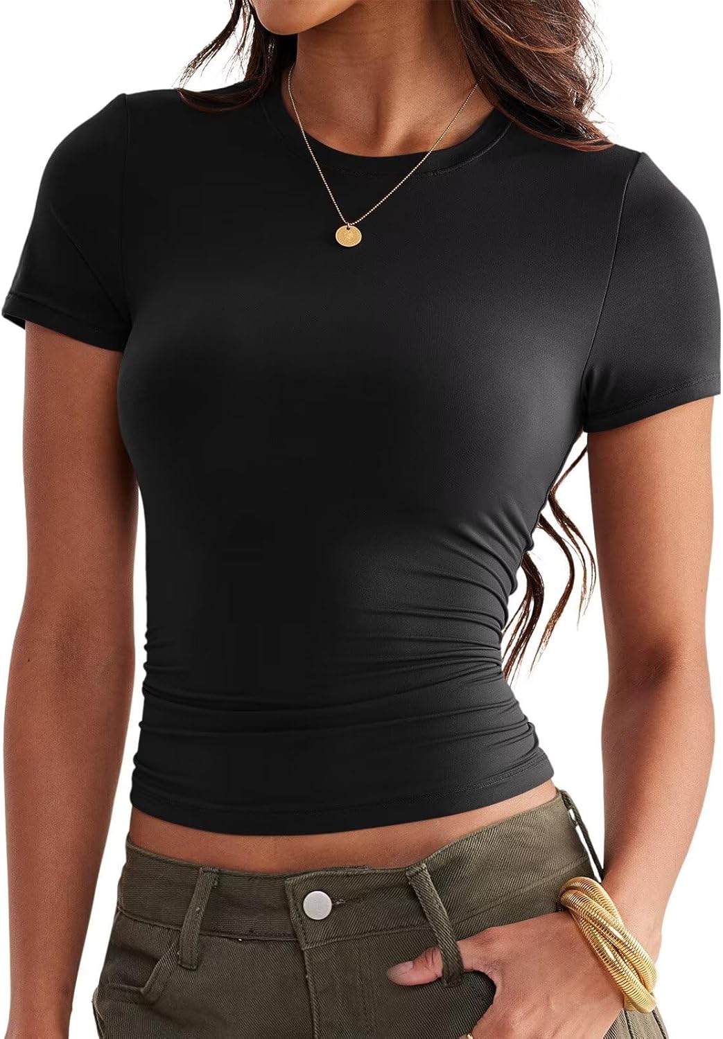 Womens Double Lined Tops Crewneck Short Sleeve Tees Basic Slim Fit T Shirts Y2K Summer Clothes 2026 - Image 2