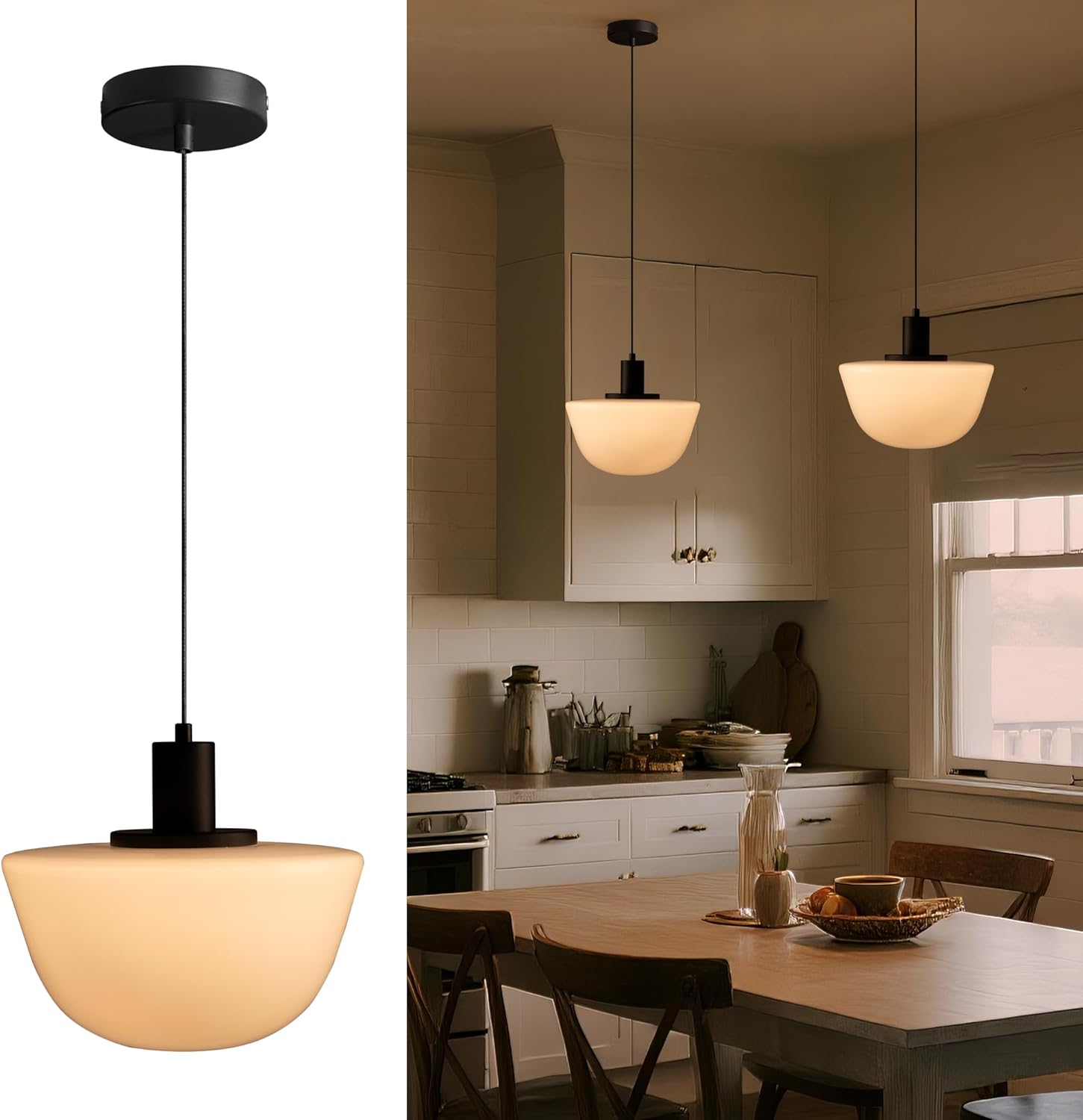 Aisilan Hand-Blown Milk Glass Pendant Light, Adjustable Hanging Ceiling Light Fixture with E26 Socket, Modern Frosted Glass Shade for Kitchen Island, Dining Room, Bedroom
