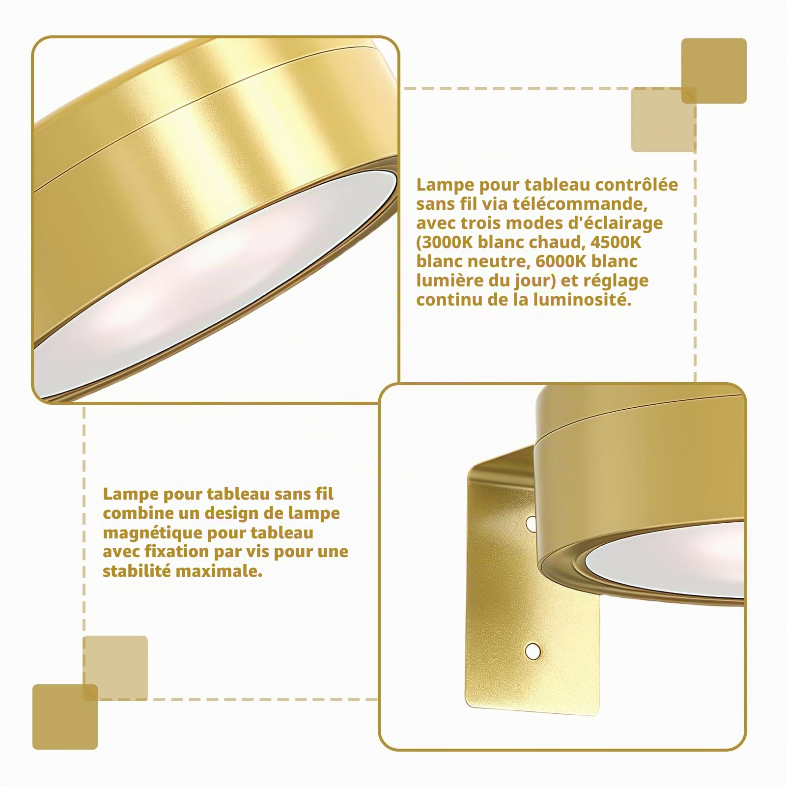 Lot de 4 lampes sans fil lampe magnétique pour tableau, éclairage pour cadre photo, appliques murales LED à piles avec télécommande, intensité variable pour tableaux, murs photo et vitrines