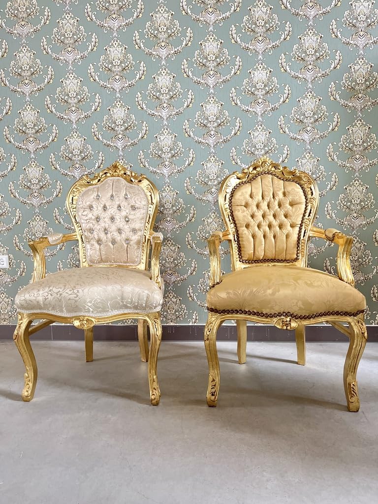 Fauteuil French Louis Style en beige brillant, style baroque, rococo antique, reproduction de la chaise en finition dorée pour la décoration de la maison ou de la boutique