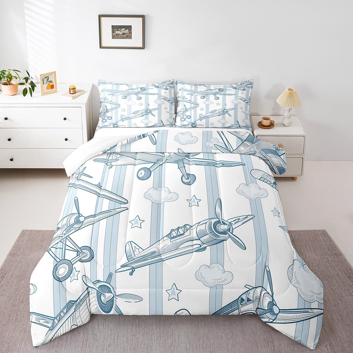 Airplane Comforter Set Queen Size,Cartoon Aircraft Kids Bedding Set for Boys Girls Teens Room Decor,Stars Cloud Flying Theme Duvet Insert 3Pcs,Blue White Stripes Vintage Quilt Set,2 Pillowcases