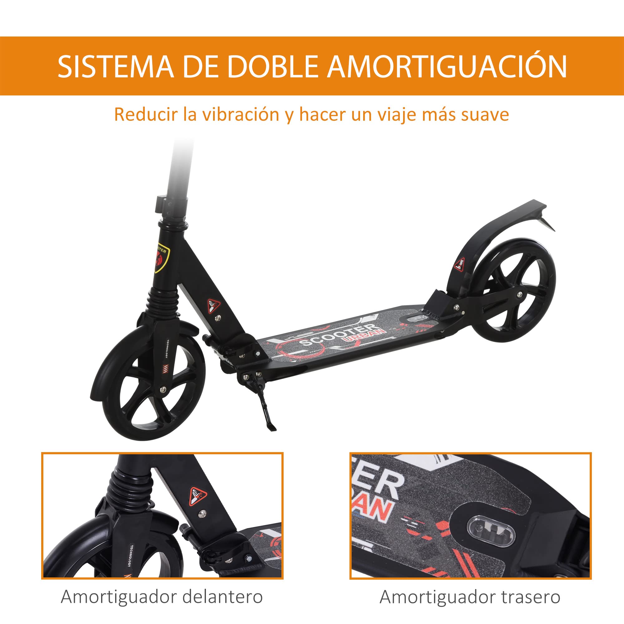 HOMCOM Patinete Plegable para Adultos y Niños con Manillar Ajustable y Freno, Ruedas Grandes, Carga 100kg