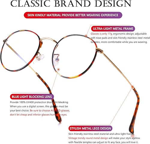 Miniatura 5 de AIEYEZO Gafas redondas para mujeres y hombres, lentes de bloqueo de luz azul, lentes circulares con marco de alambre de metal