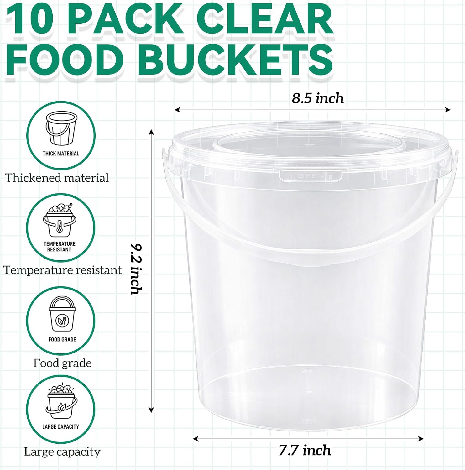 10 Pack 2 Gallon / 256 oz / 7.57 L Clear Plastic Bucket with Handle and Lids Food Storage Containers Freeze Safe Ice Cream Tubs for Deli Kitchen Drinks Home