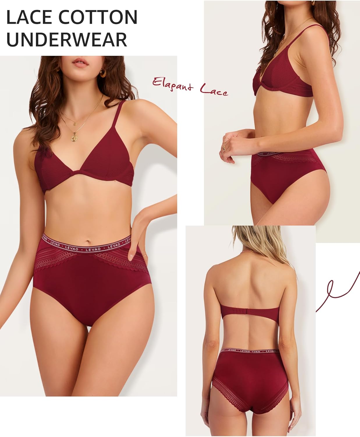 LEVAO Women's Cotton Underwear High Waisted Briefs Full Coverage Bikini Panties with Lace Trim Soft Hipster 5 Pack S-XXL - Image 6