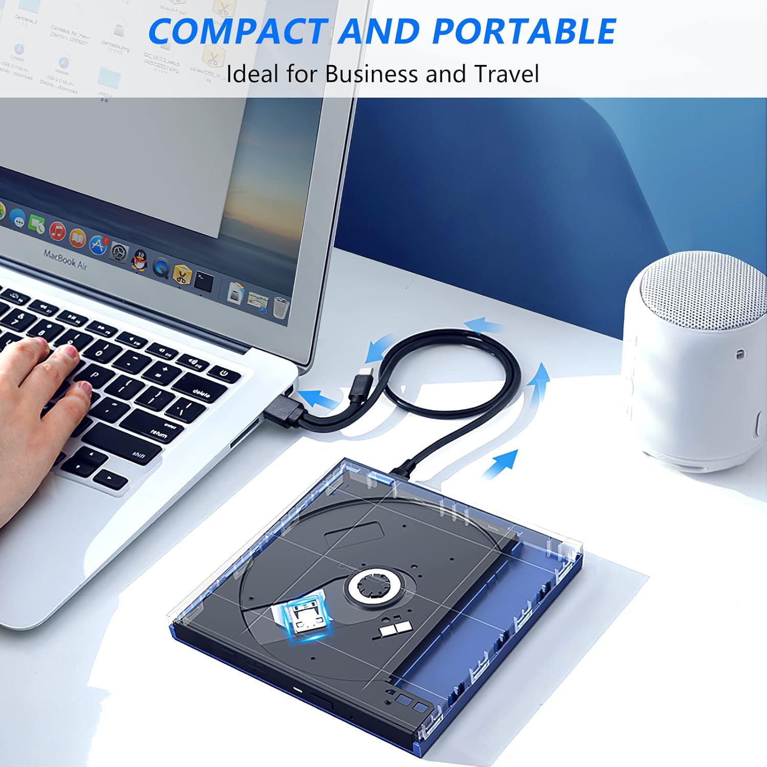 HATOKU External CD/DVD Drive for Laptop (USB 3.0 & USB-C): 8X DVD/24X CD Burner Writer - Portable DVD Player for Laptop - Plug & Play External CD Drive for PC Desktop Windows 11 10 8 7 MacOS Linux
