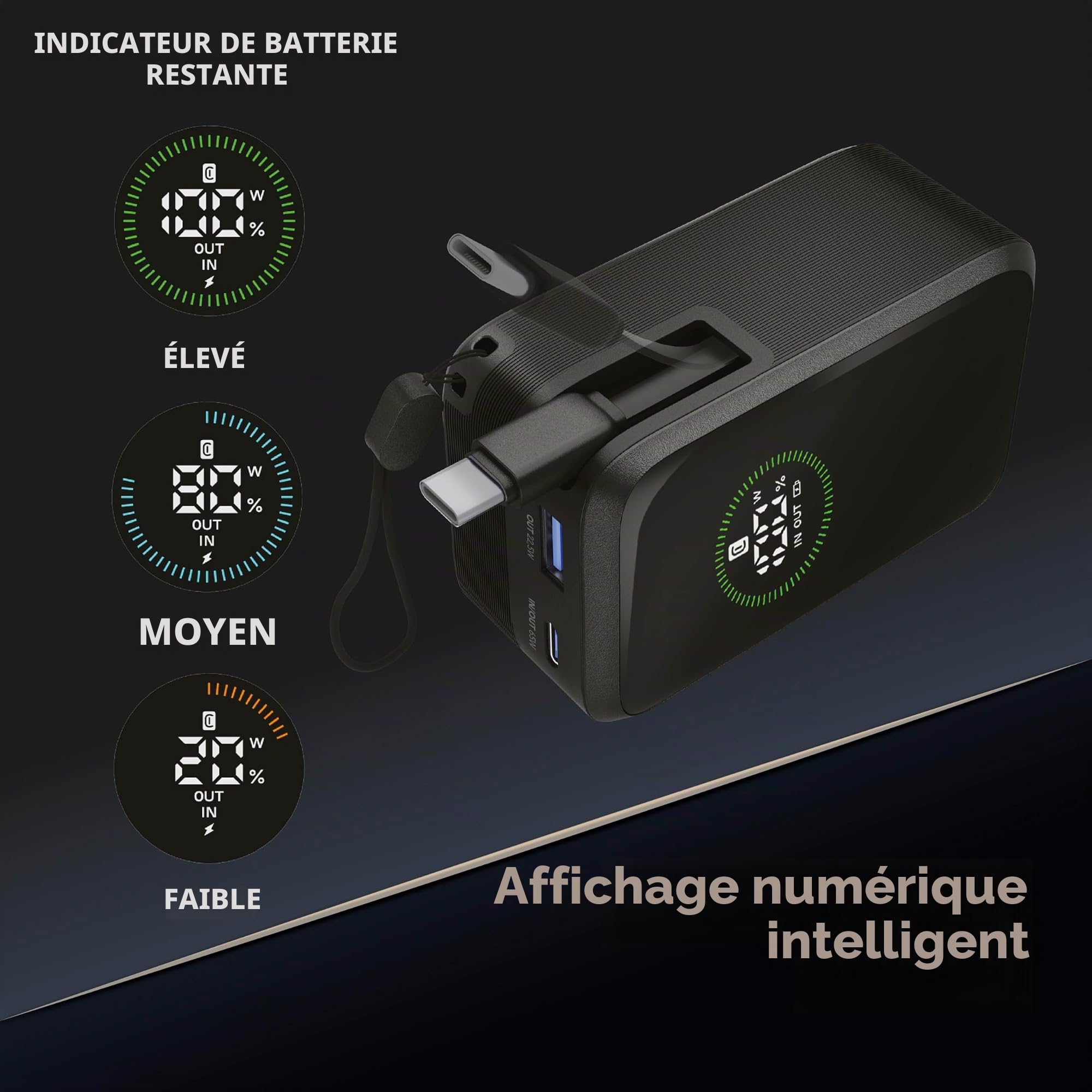 Cellularline Batterie Externe Roller 20 000 mAh avec câble USB-C rétractable 70 cm, Sortie USB-C 65 W et USB-A 22,5 W, écran LCD, Charge de 3 appareils, Noir