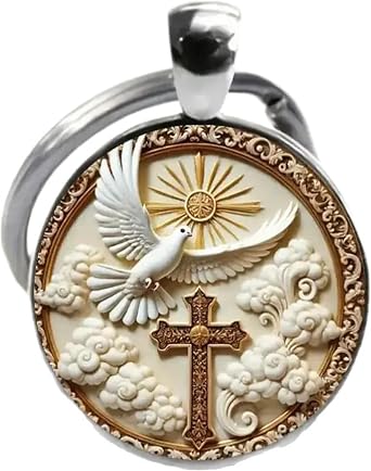 Catholic Rosary Keychain, Dove & Cloud Pattern Pendant, Religious Car Key Charm for Women & Men