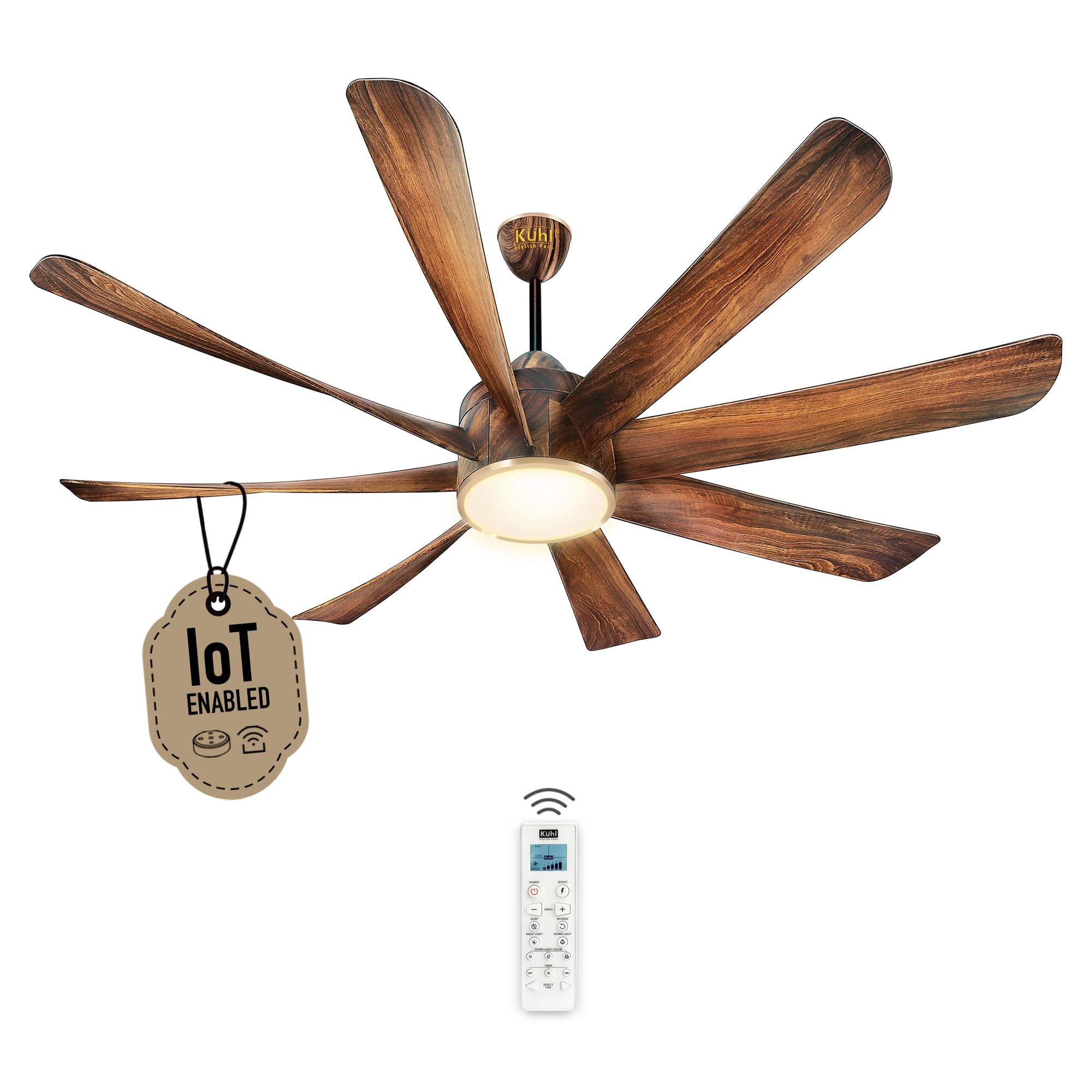 KUHL Platin D8 1200mm Stylish Power Saving BLDC Ceiling Fan with Remote | Down Light | 29W | 5 Star | High Air Flow | Low Noise | IoT – Operate via Mobile & Alexa | Reverse Mode | Teak