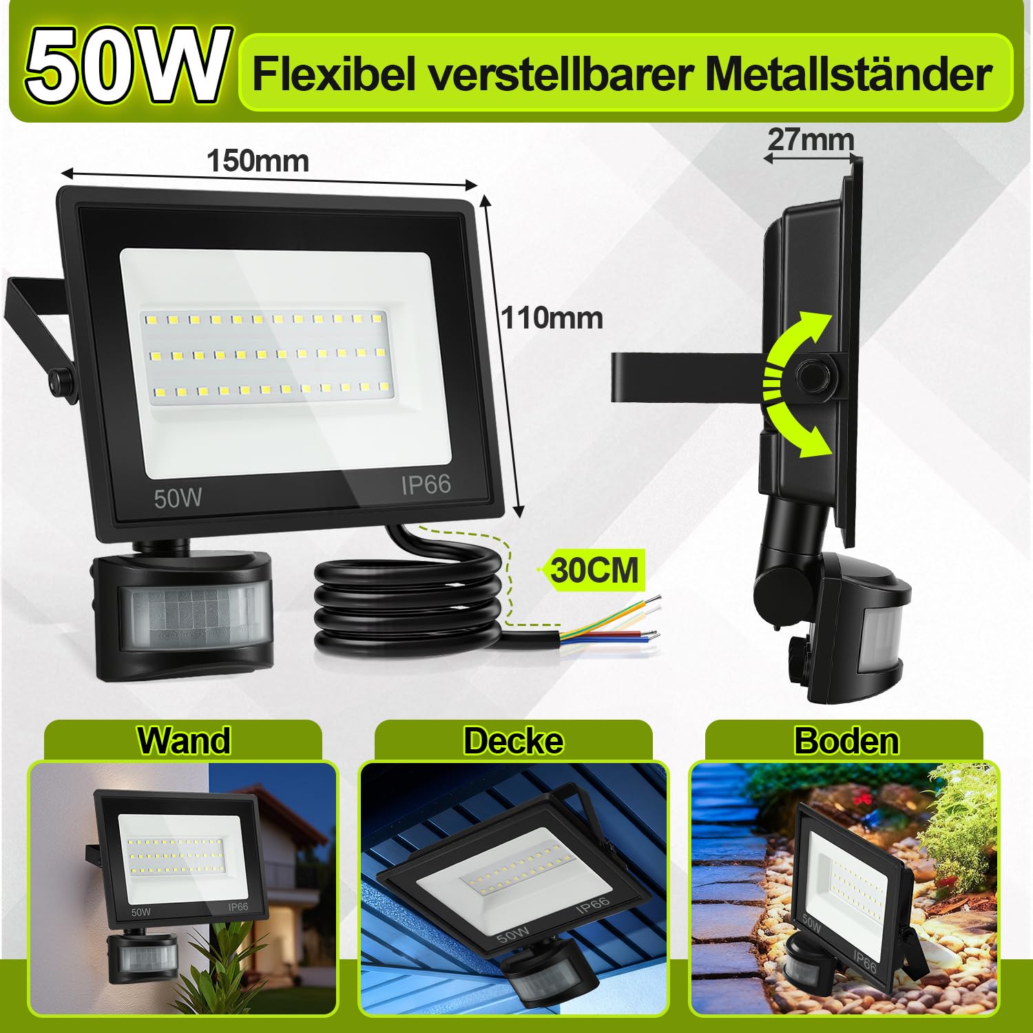 LED Strahler 10 Stücke 4000LM 6000K Kaltweiß – Superheller Scheinwerfer mit Bewegungsmelder, IP66 Wasserdicht für Innen & Außen (Sportplatz, Garage, kein Stecker)