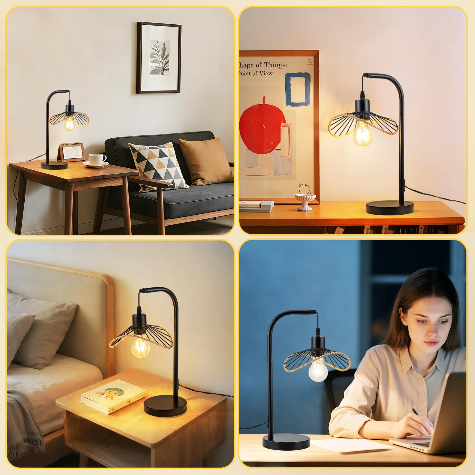 Tischlampe Schwarz Nachttischlampe Vintage 2er | Nachtlampe mit Kabel Tischleuchte E27 Schlafzimmer Schreibtischlampe Retro Leselampe Metall Tisch für Wohnzimmer