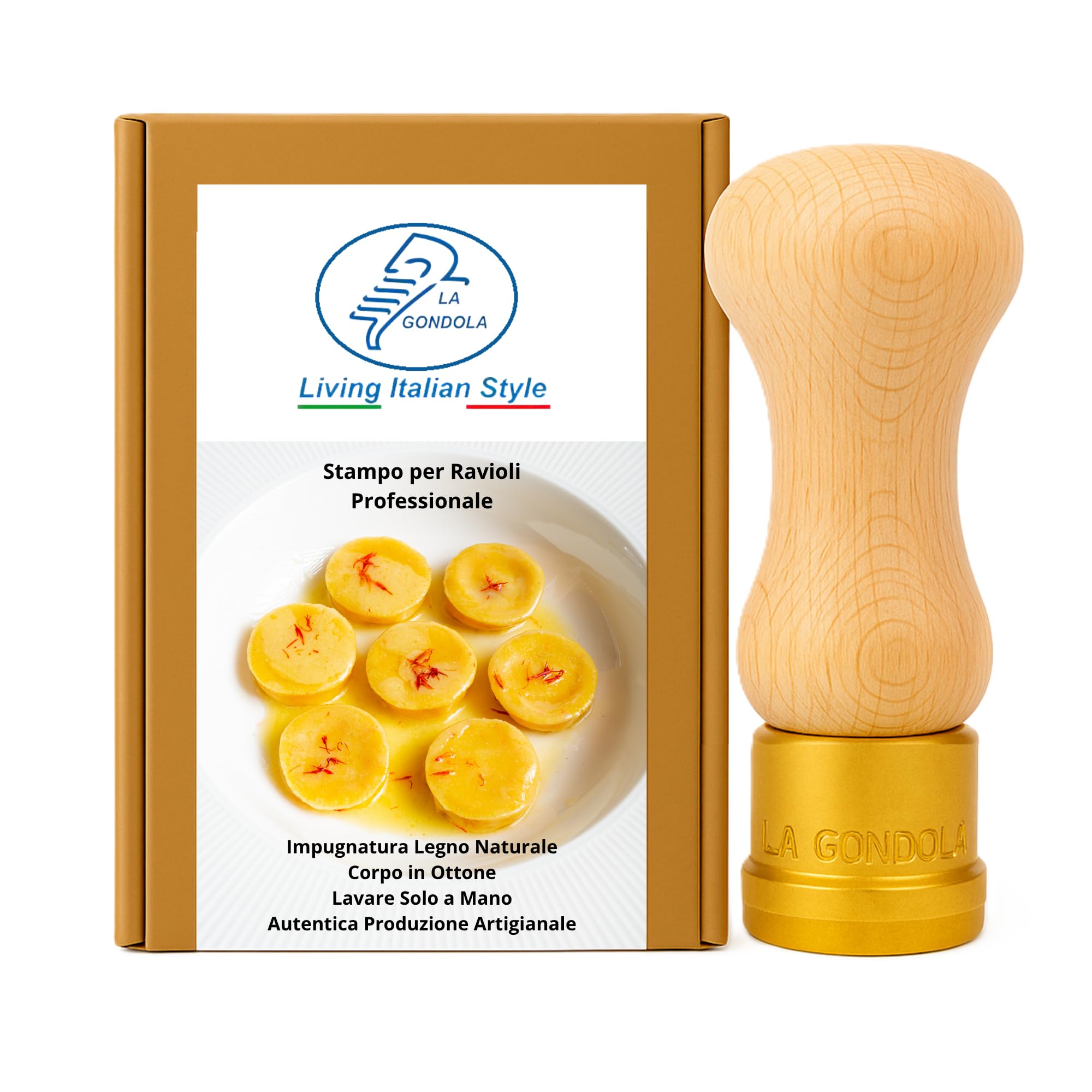 LA GONDOLA Stampo Pasta Tondo Liscio Diametro 38 mm Ottone e Legno Per Anolini e Cappelletti Made in Italy