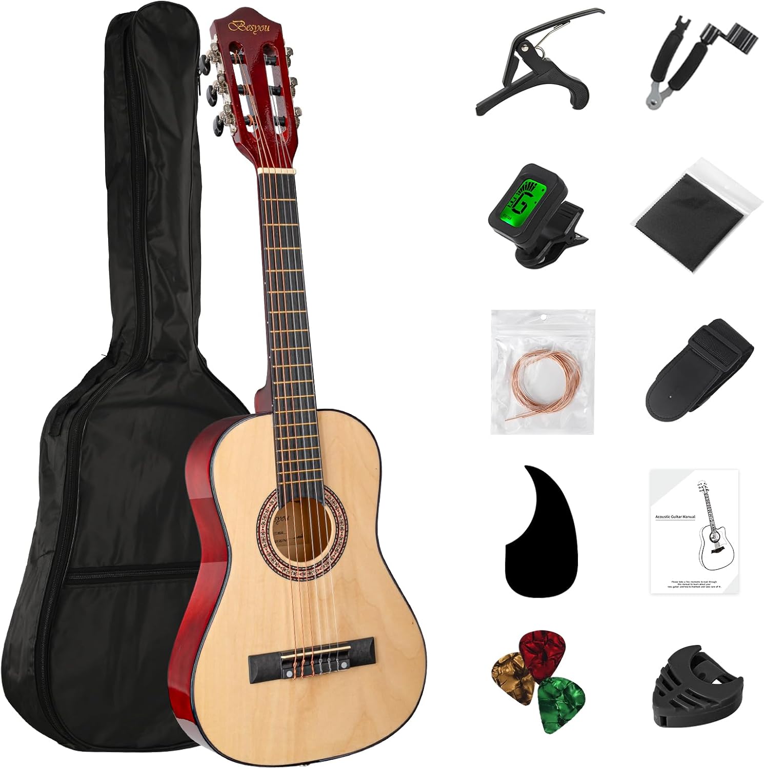 Photo 1 of 30" Wood Acoustic Guitar with Case,guitar book and Accessories for Kids/Girls/Boys/Beginners (Natural) 