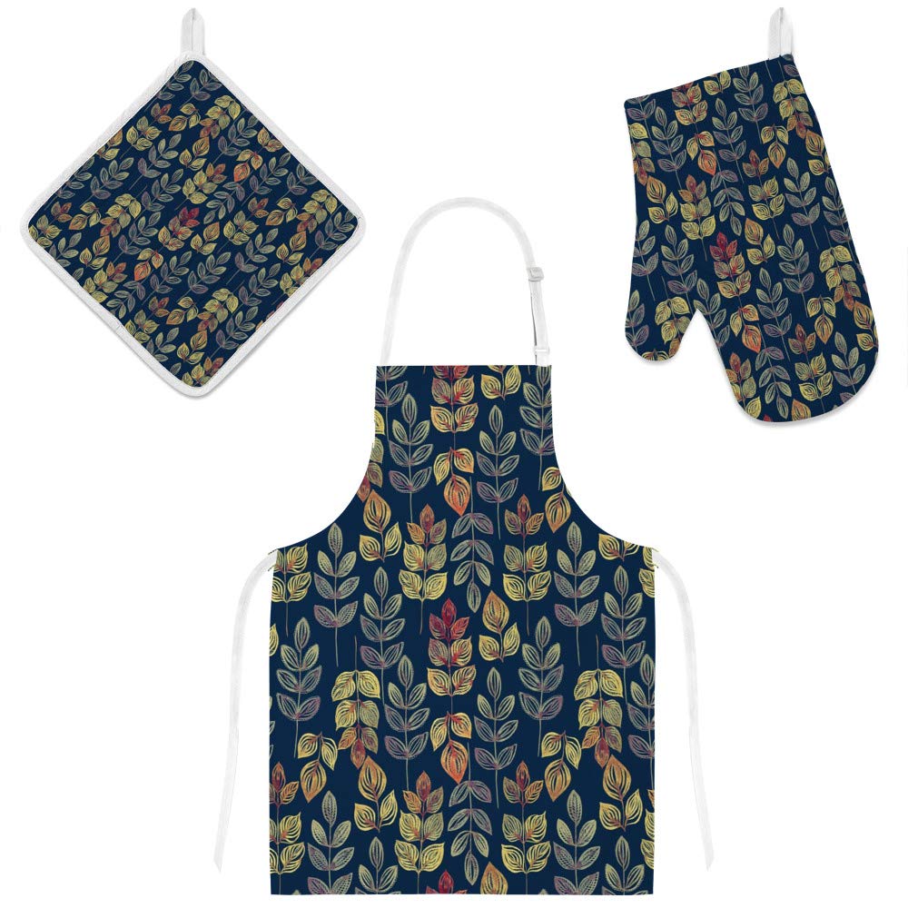 Cadeau surprise : coffret tablier de cuisine avec poches, gant et manique feuilles d'automne