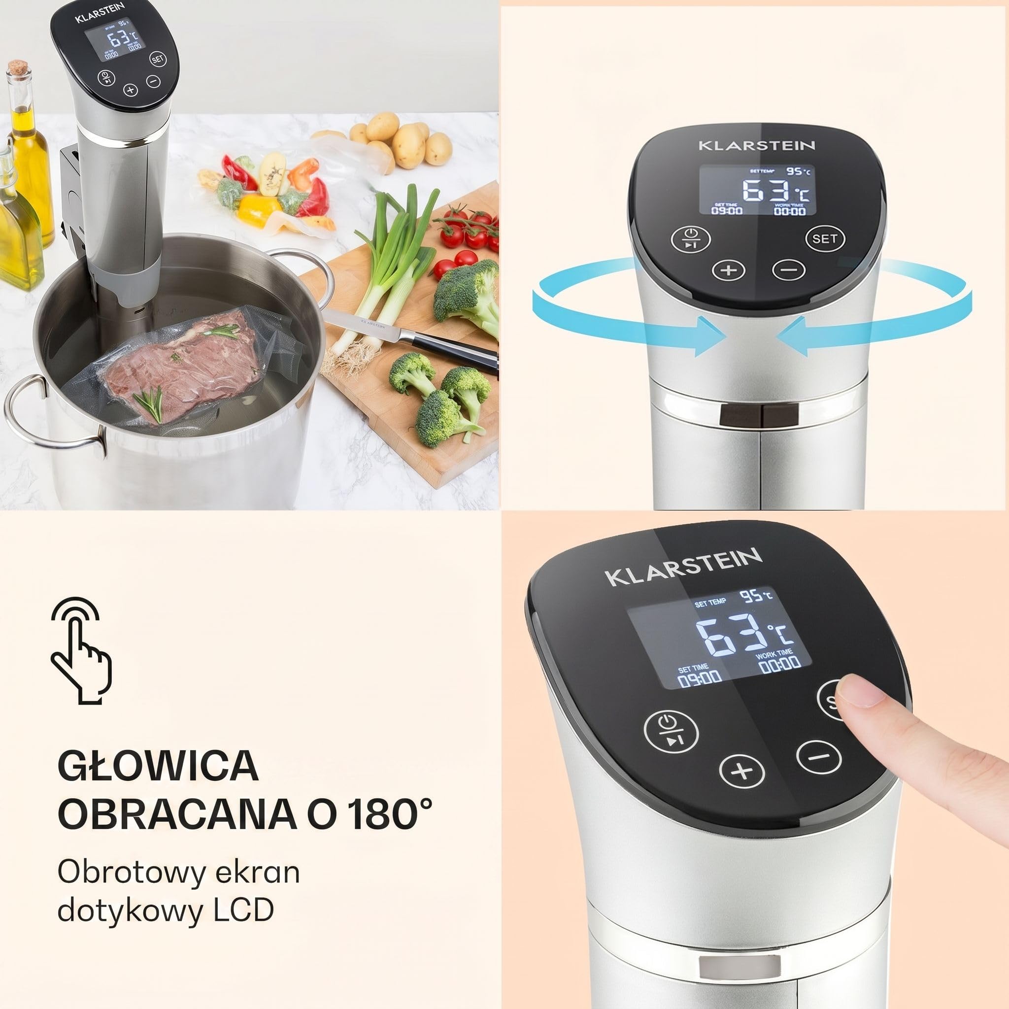 Klarstein Quickstick - Urządzenie sous-vide, Precyzyjny podgrzewacz, Wolnowar, 1300 W, Funkcja timera, 3D Circulating, 0-95 °C, Wyświetlacz dotykowy LCD, Wodoodporny, do 20 litrów, flex, srebrny