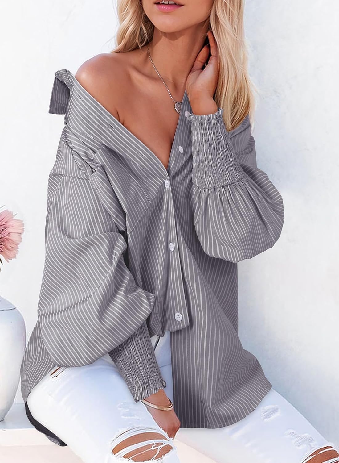 Dokotoo Womens V Neck Striped Button Down Shirts Long Sleeve Tunic Tops - Image 2