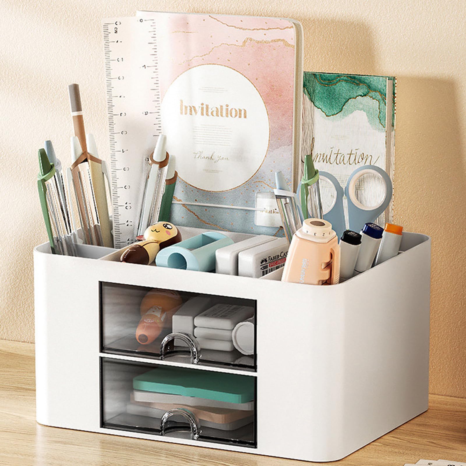 MOOKLIN ROAM Organizador de Escritorio Multifuncional, Organizador de Oficina de Plástico con 2 Cajón y 5 Compartimentos, Organizador de Maquillaje para Hogar Escolar Ahorrar Espacio (Blanco)