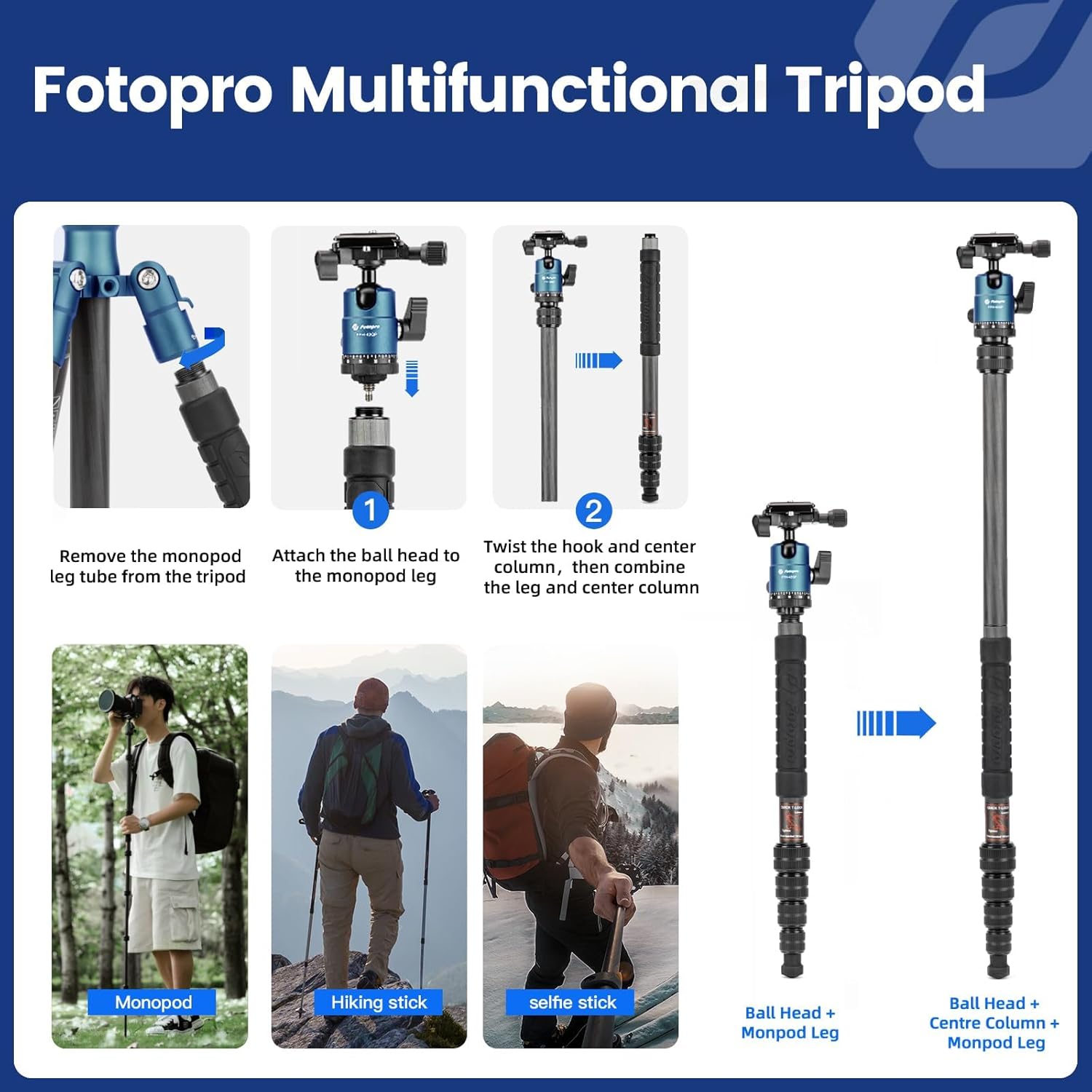 Fotopro 59" Carbon Fiber Travel Tripod Compact Camera Tripod with Ball Head Detachable Monopod with Quick Release Plate and Bag Load up to 8KG/17.63lbs X-GO E2 Blue