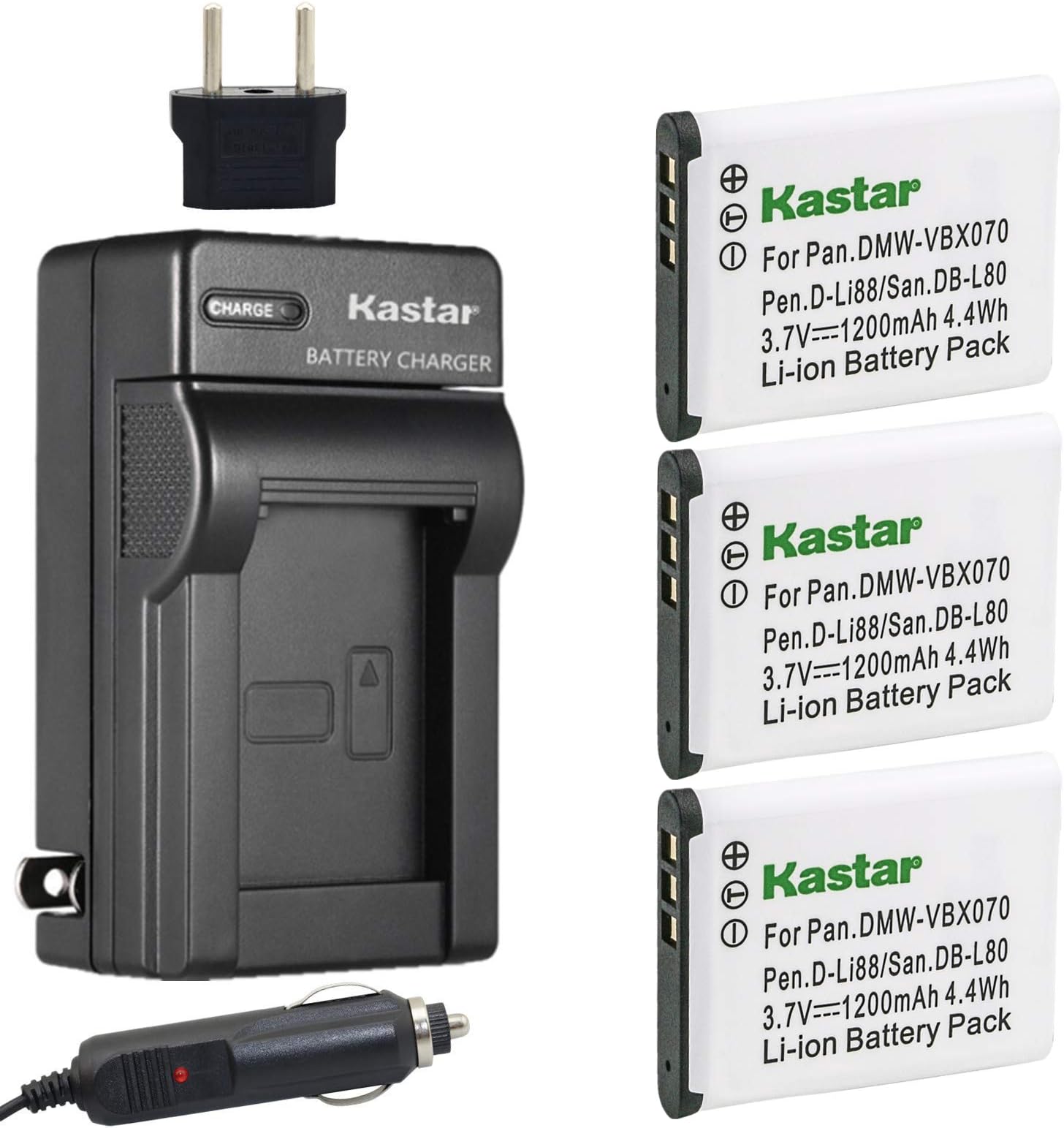 Kastar VW-VBX070 Battery (3-Pack) and Charger Kit for Pentax D-Li88, Panasonic VW-VBX070, Sanyo DB-L80, DB-L80AU Battery and Digital Cameras (Search Your Camera Model Down Description)