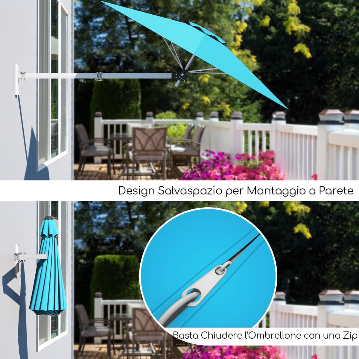 Wall-mounted umbrella extended and folded, showing space-saving design and zipper closure detail.