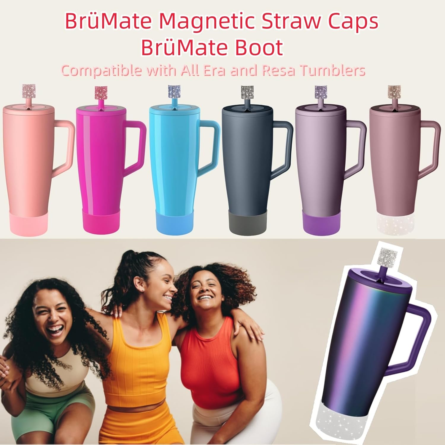 Silicone Boot and Rhinestone Magnetic Straw Cover Cap Compatible with BrüMate Era | Anti-Slip Silicone Protector for 40 oz Tumbler with Handle | Accessory Set for Stainless Steel Drinking Cup - Image 2