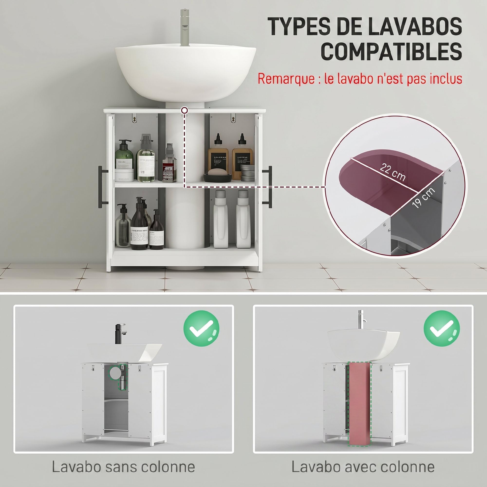 HOMCOM Meuble sous lavabo 2 Portes Grange Magnétiques 60 x 30 x 60 cm Blanc