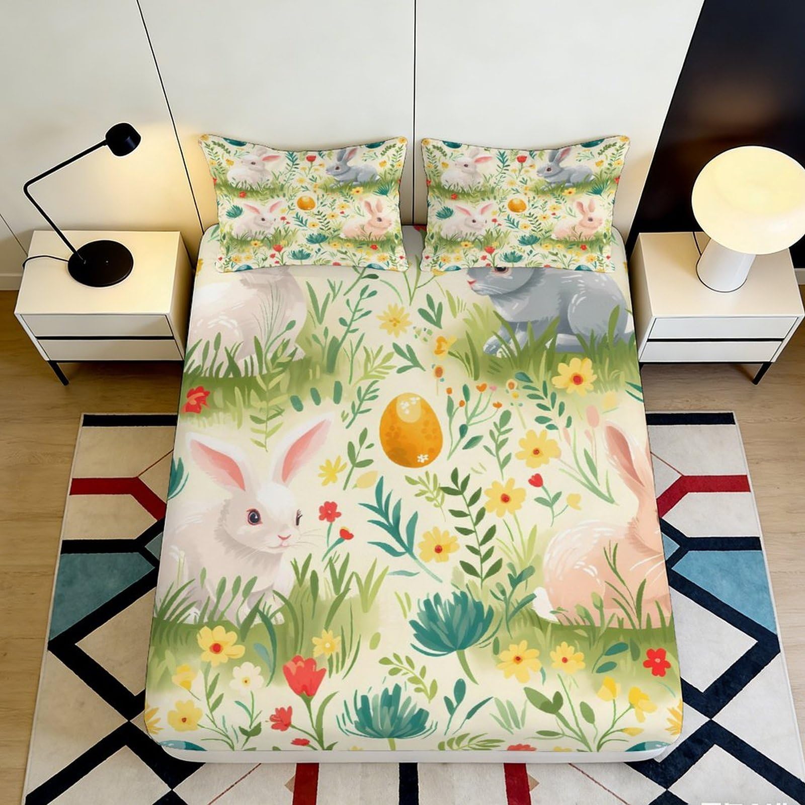 3D Printed Bunny Meadow Fitted Sheet Microfiber Soft Pastel Easter Egg Mattress Cover for Bedroom Guest Room Decor 90x200x25cm