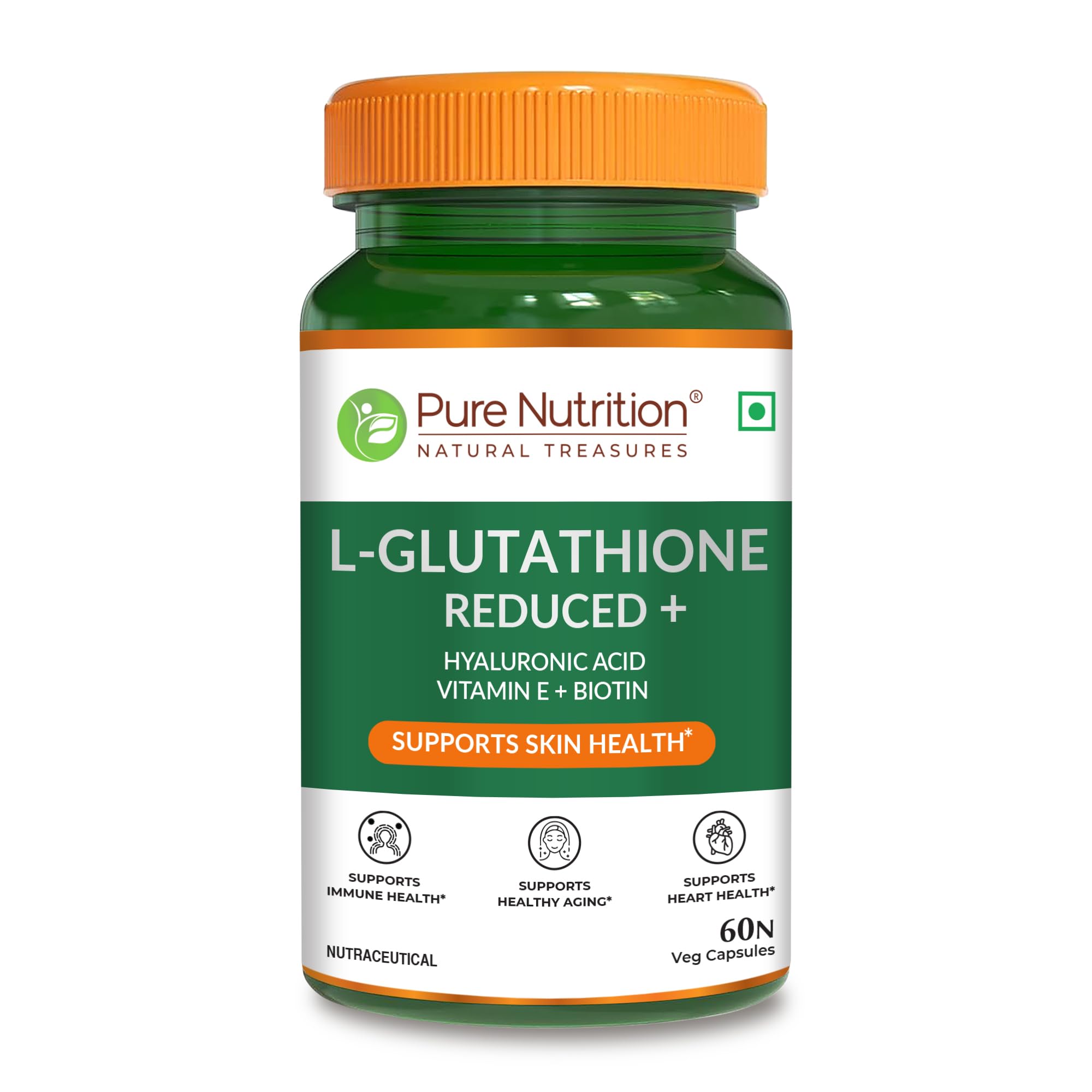 Pure Nutrition Reduced L-Glutathione 60 Veg Capsules | With Hyaluronic  Acid, Vitamin E & Biotin