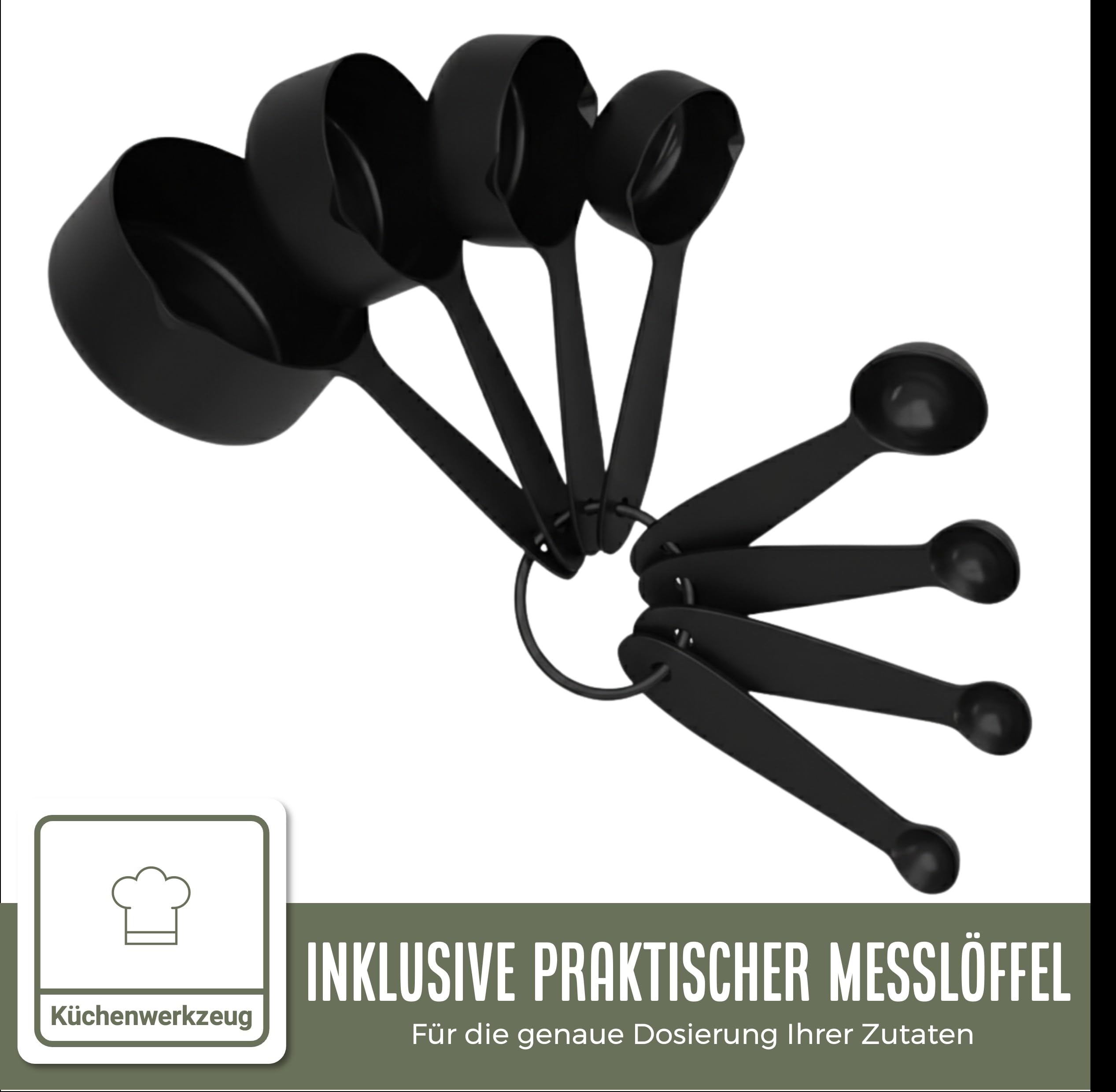 Edelstahl Rührschüssel Set mit Deckel & Reibe – 5-teilig 1,5L bis 5L – Schwarz – Küchenschüssel Set inkl. Messlöffel & Messbecher – Premium, Stapelbar & Spülmaschinenfest