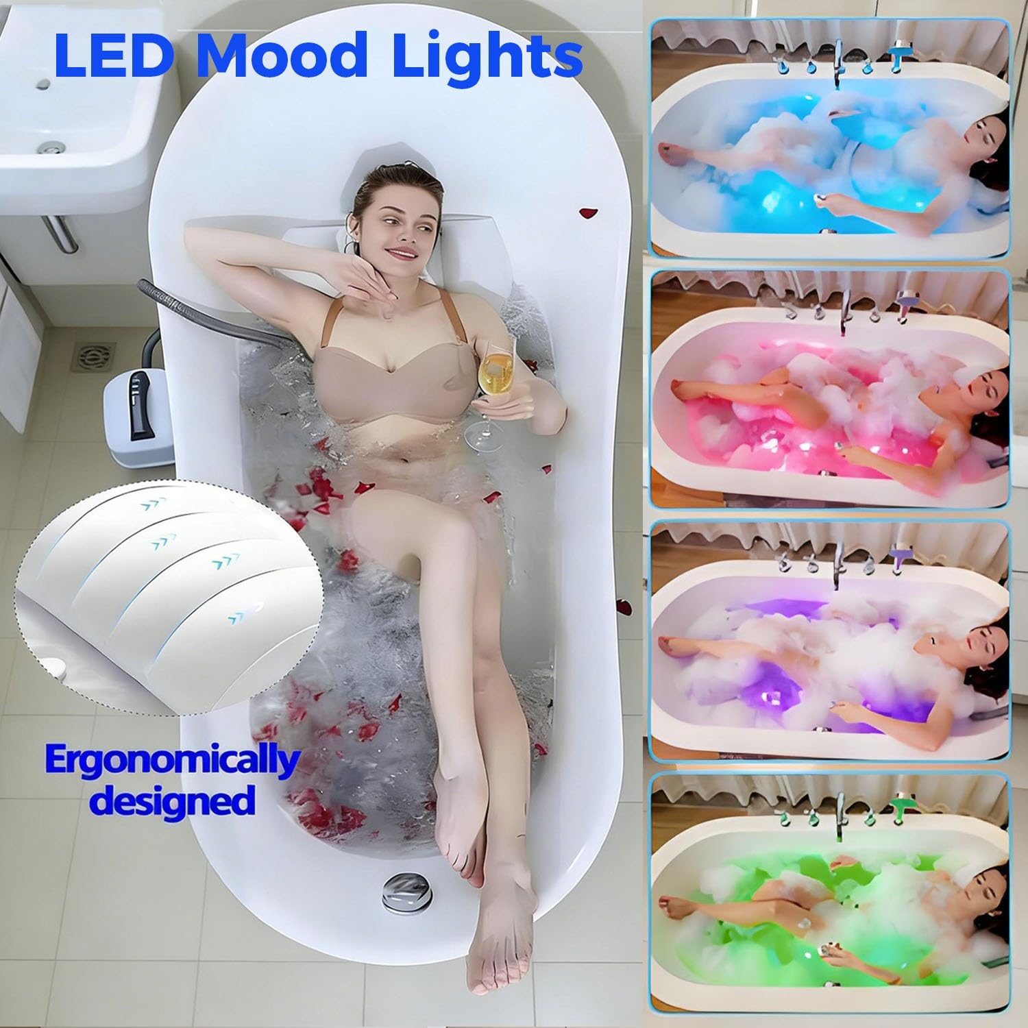 Bubble - Tappetino da bagno (124,5 x 43,2 cm), tappetino per massaggio completo con 7 colori di luce ambientale, 114 getti d'aria, telecomando e cuscino, 6 velocità, per vasche da bagno lisce
