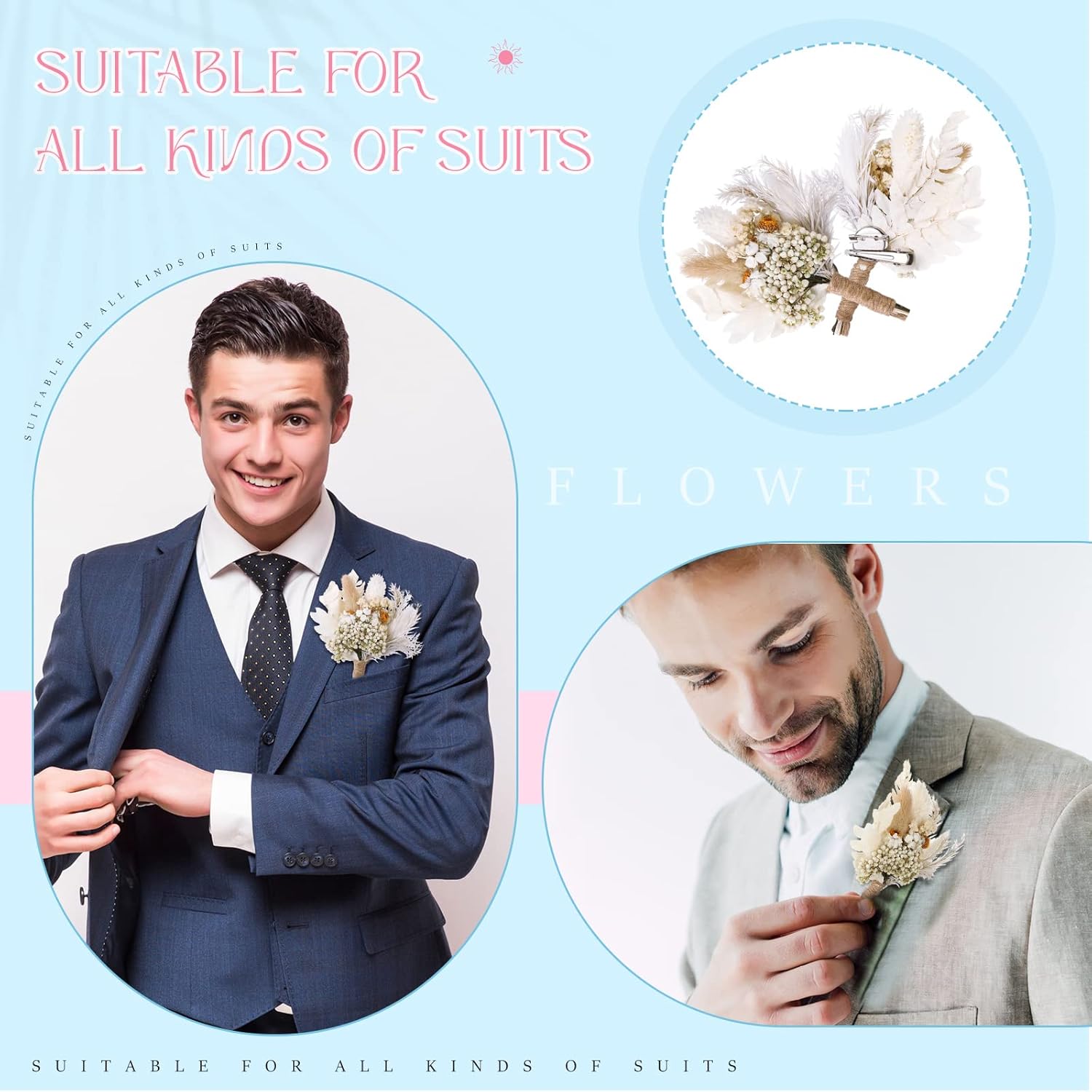Fabbay 9 Pcs Dried Flowers Boutonniere for Men Boho Wedding Party Prom Corsage Decorations Grooms Buttonhole for Groom and Groomsmen Ceremony Decoration (Cute Style)