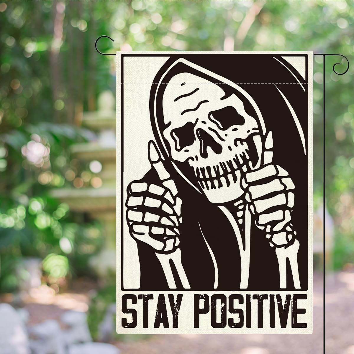 Funny Halloween Garden Flag for Outside 12 x18 Double Sided - Stay Positive Skeleton Skull Garden Flag Halloween Decoration for Yard Outdoor - Image 5
