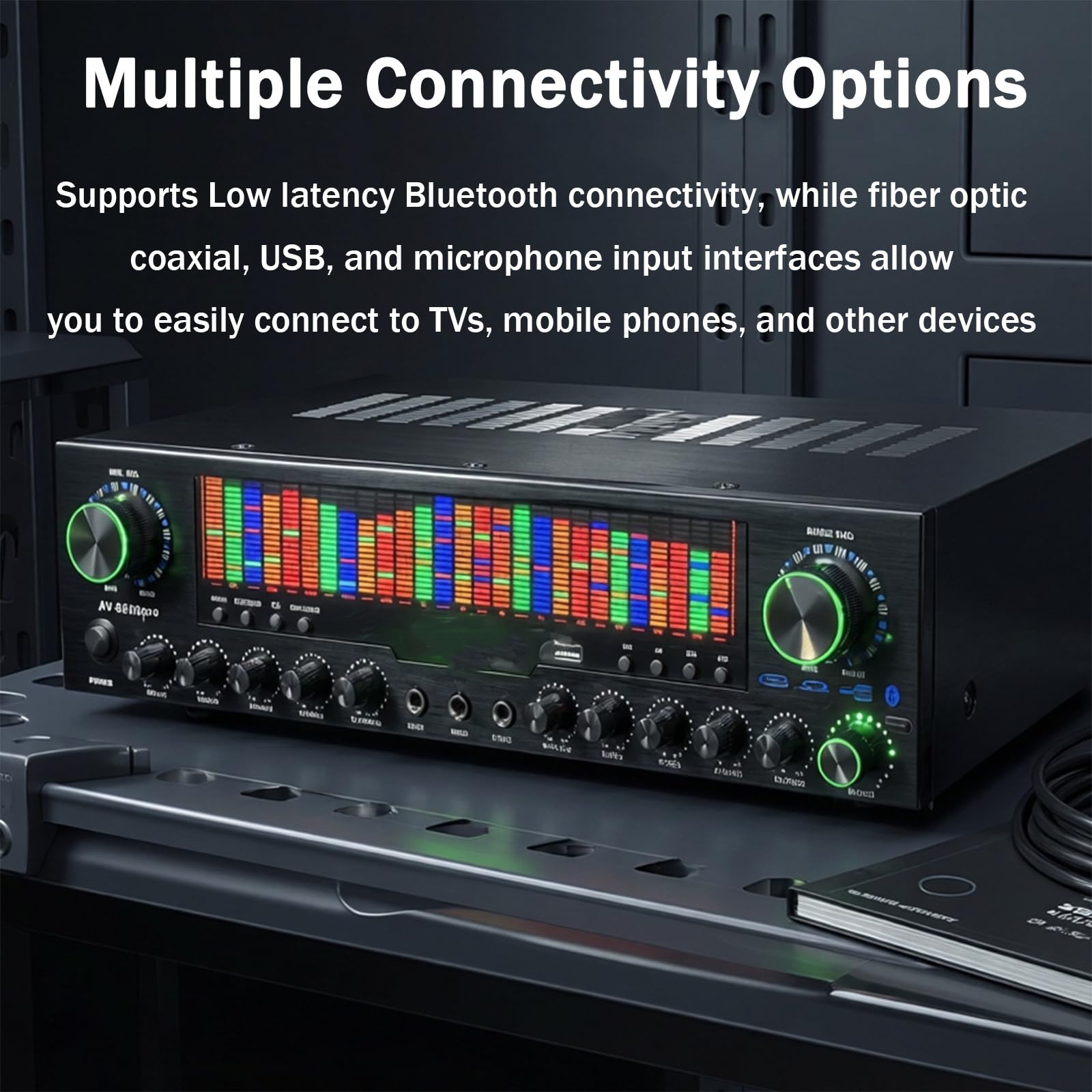 Wzmacniacz Audio Bluetooth 5.1 z korektorem graficznym, dynamicznym kolorowym wyświetlaczem LED, wejściem USB i mikrofonem, idealny do domu, karaoke i scenariusza.