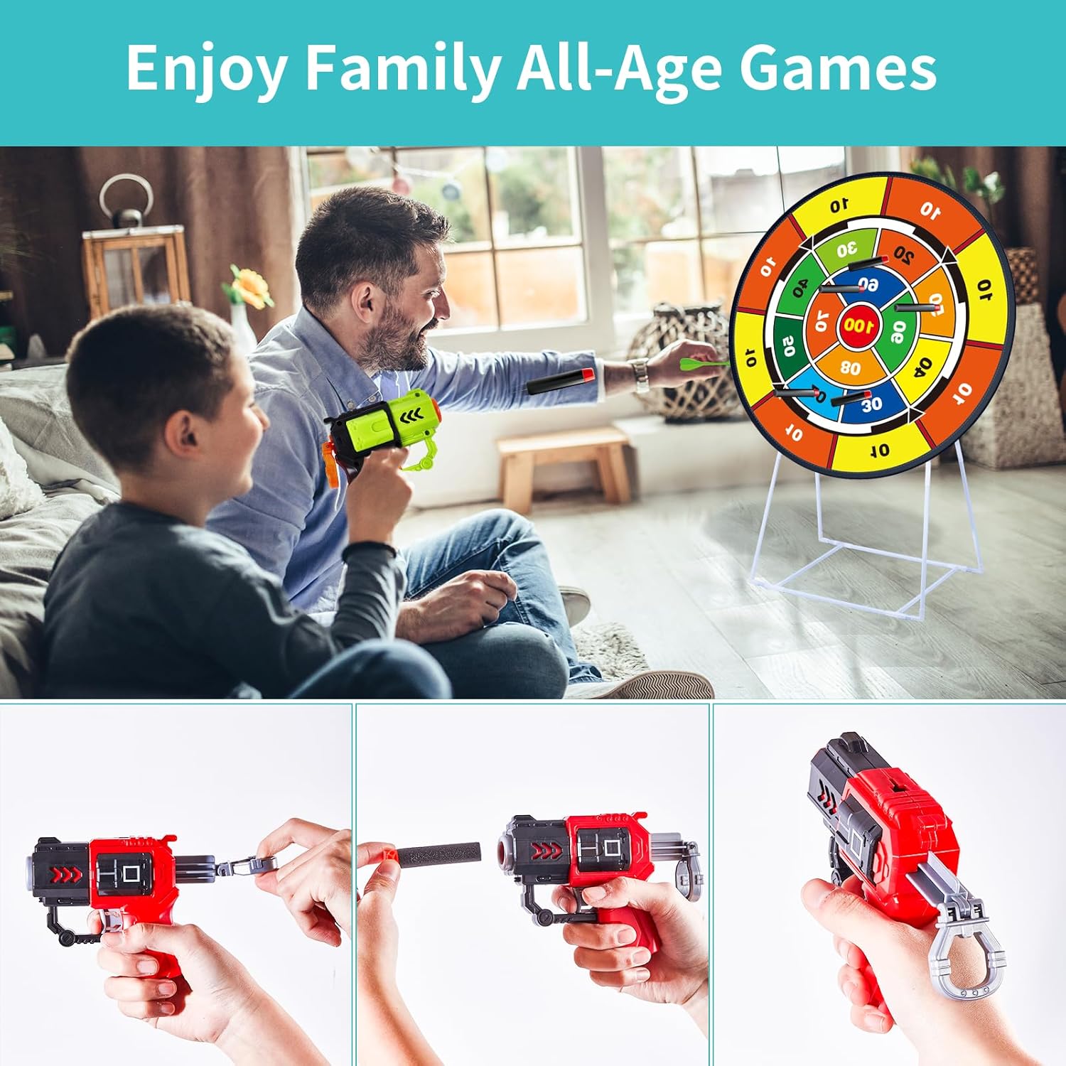 Double-Sided Dart Board Garden Game for Kids, 29 Inch Dartboard Standing & Hanging Shooting Toy Set with 2 Toy Guns, Indoor Outdoor Garden Carnival Party Game Fun for 3 4 5 6 7 8+ Year Old Boys Girls