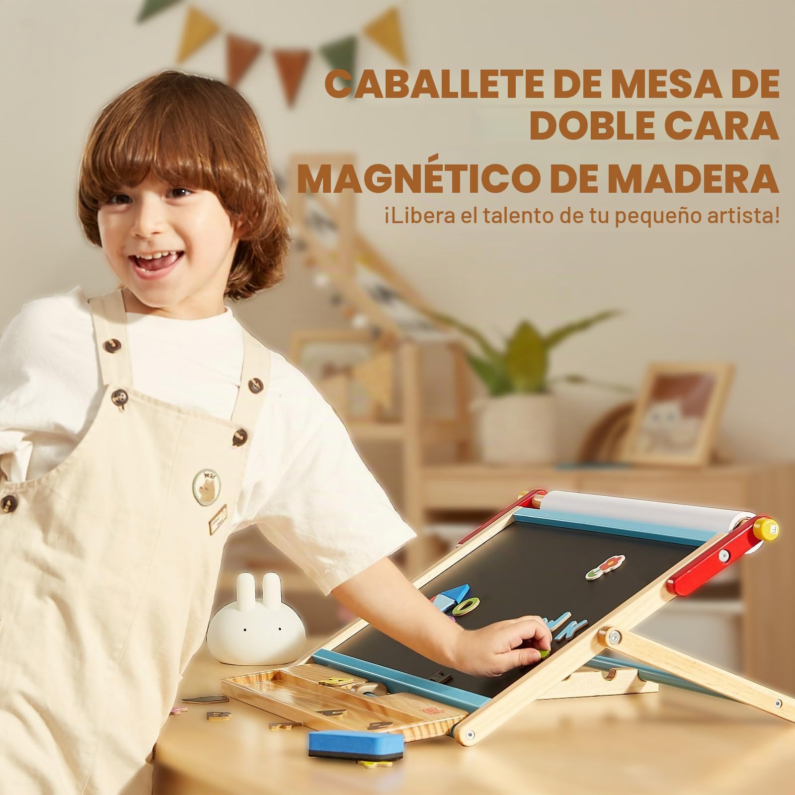 FUNLIO Caballete de Mesa 3-en-1 para Niños 3+ (100+ accesorios), Pizarra Magnética Doble Cara, Pizarra Infantil de Madera con Rollo de Papel, 3 Ángulos Ajustables, Plegable - Azul