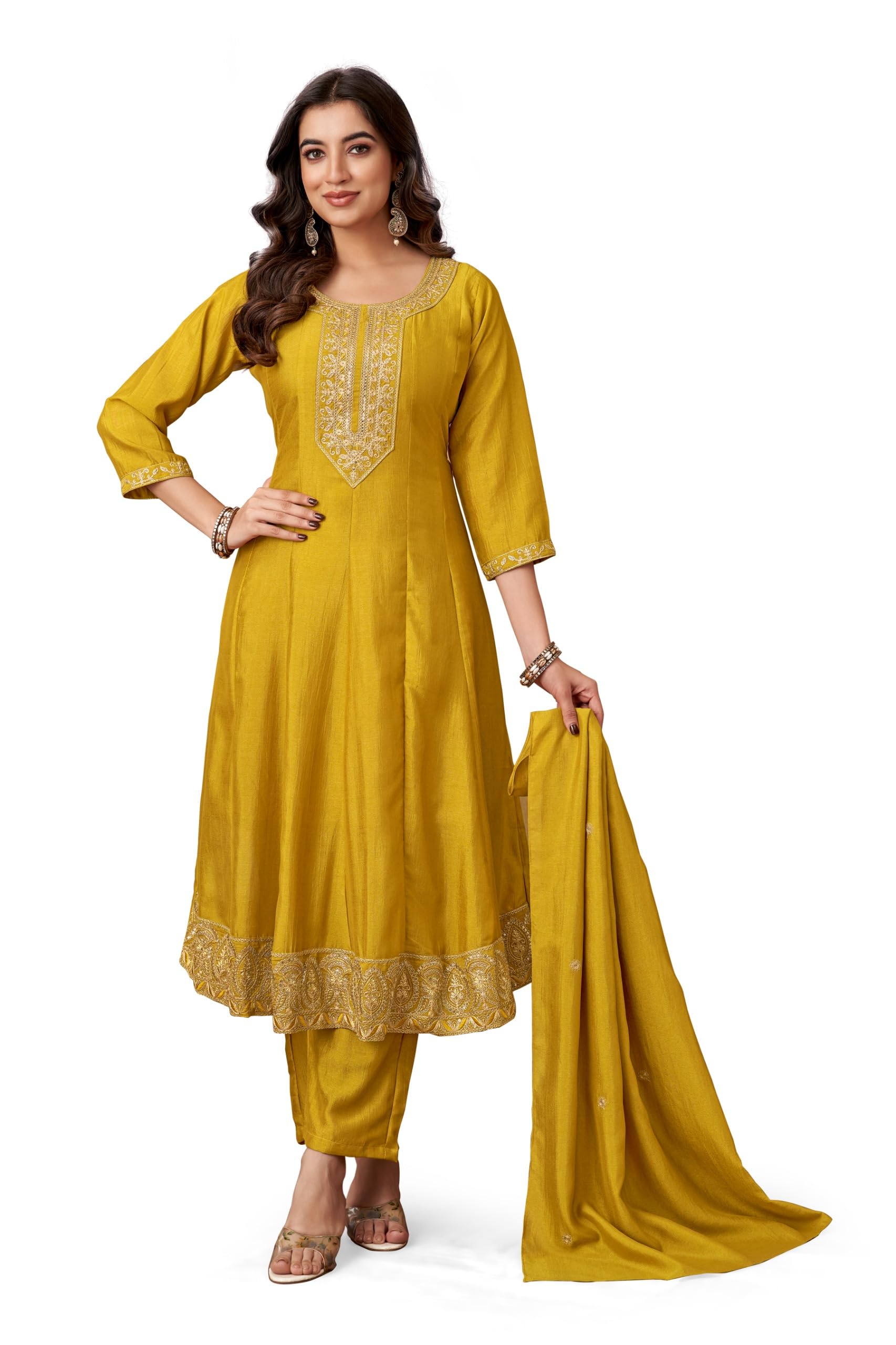 fabzoo Women’s Silk Blend Embroidered Anarkali Kurta Set with Pant & Dupatta |Round Neck 3/4 sleeves| Ethnic Suit for Women|A-line kurta set for women-picture-36