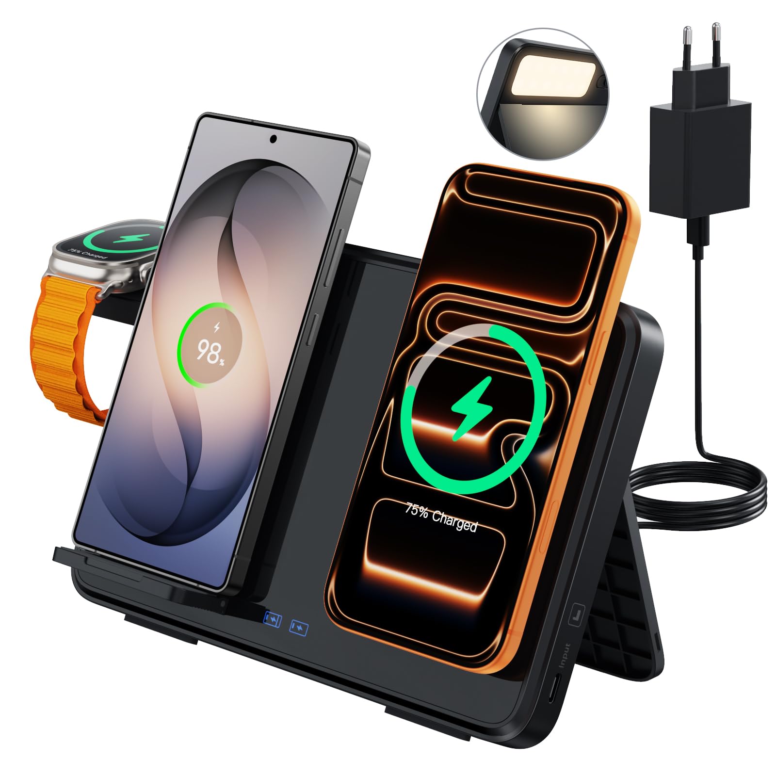 Dual Induktive Ladestation für iPhone & Samsung – Faltbarer 4-in-1 Wireless Charger mit Nachtlicht für Apple Watch & AirPods, reisefreundlich, inkl. PD 30W Adapter, Schnellladen kompatibel