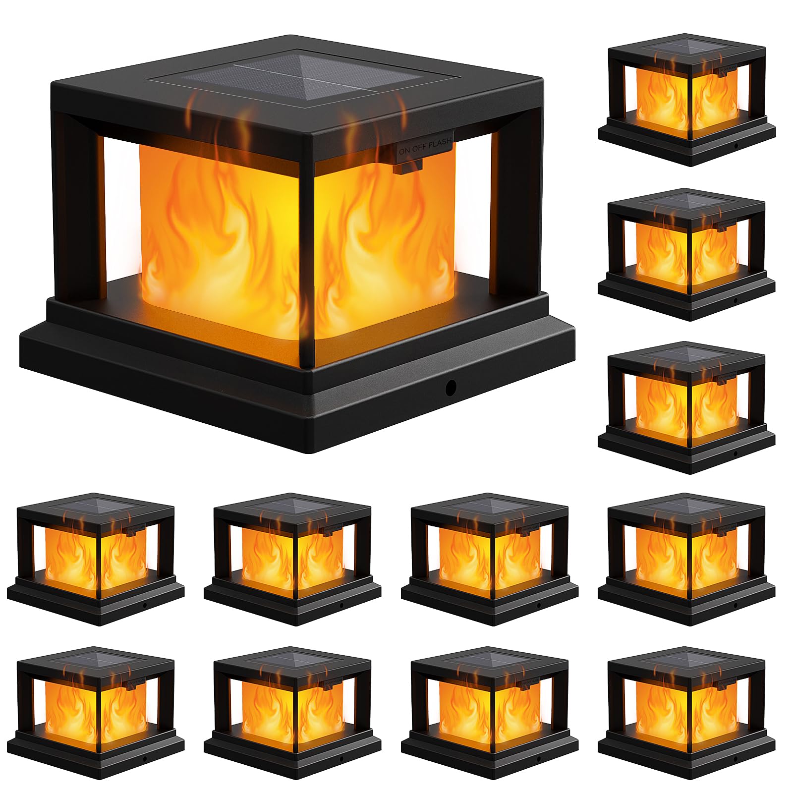 Solar Post Cap Light Outdoor with Flickering Flame, Waterproof Solar Powered Deck Cap Light for 4x4 Wooden/4x4 Vinyl Post, Black High Brightness SMD LED Fence Lighting for Garden, Yard, Patio, 12-Pack