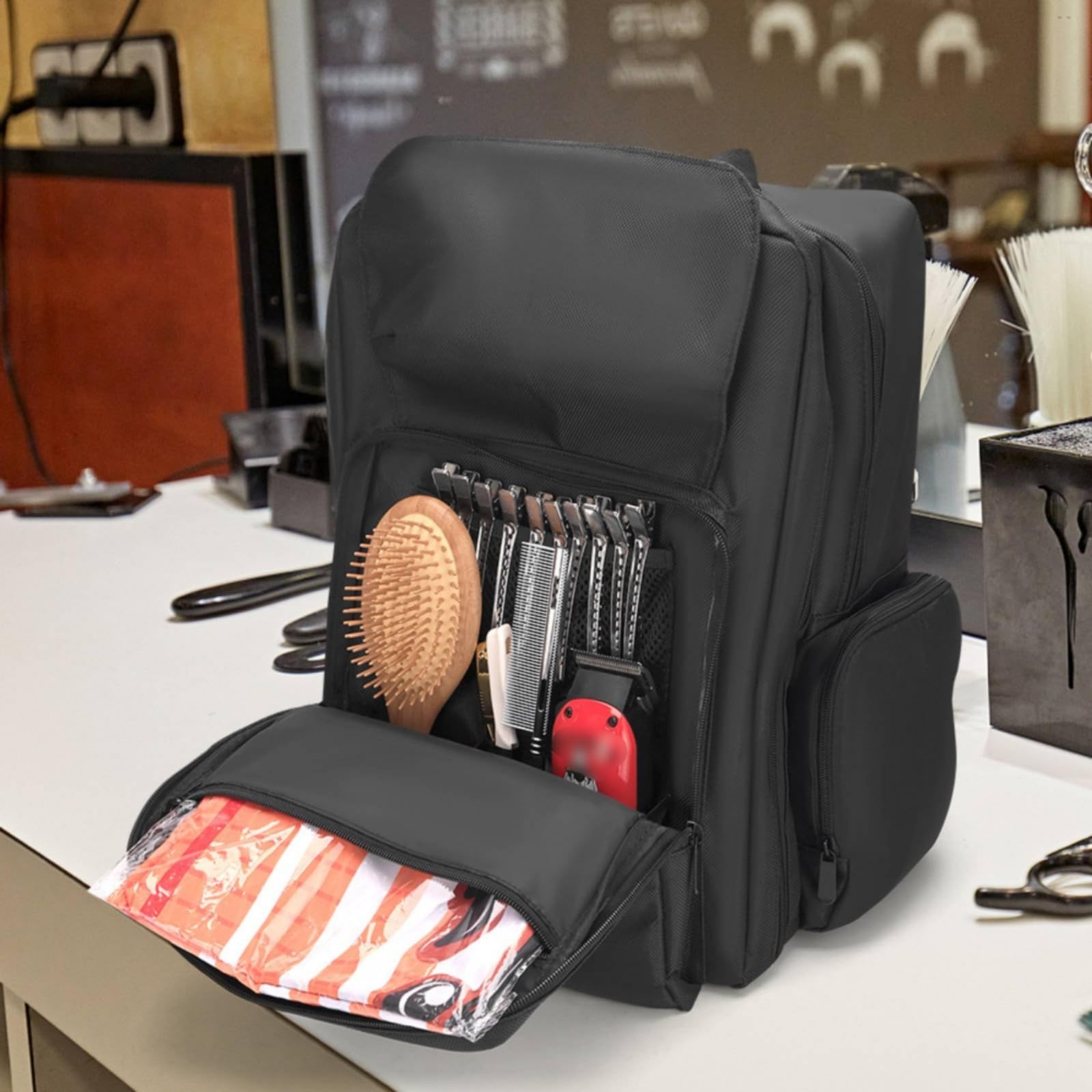 Barber-Rucksack mit Seitentaschen strukturiert Friseurtasche mit Fächern reisetauglich Friseurrucksack für Friseure