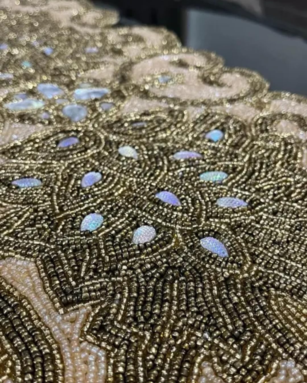 Beaded Table Runner, Gold, Ornate Scrollwork Design with Iridescent Gem Accents, Luxury Home Decor