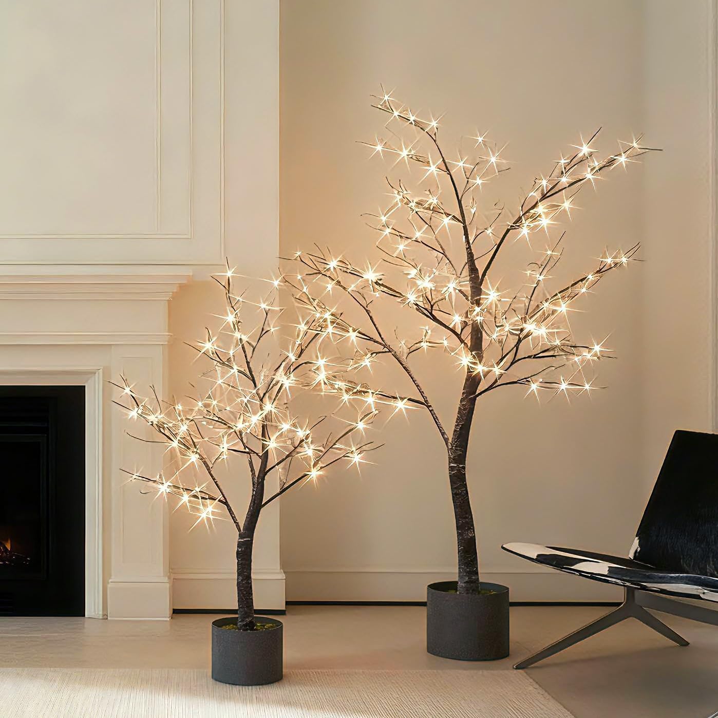 Hairui Lighted Flocked Potted Trees with Timer and Dimmer 4FT 6FT, Snow Dusted Twig Tree with Lights for Indoor Outdoor Home Thanksgiving Christmas Holiday Decoration