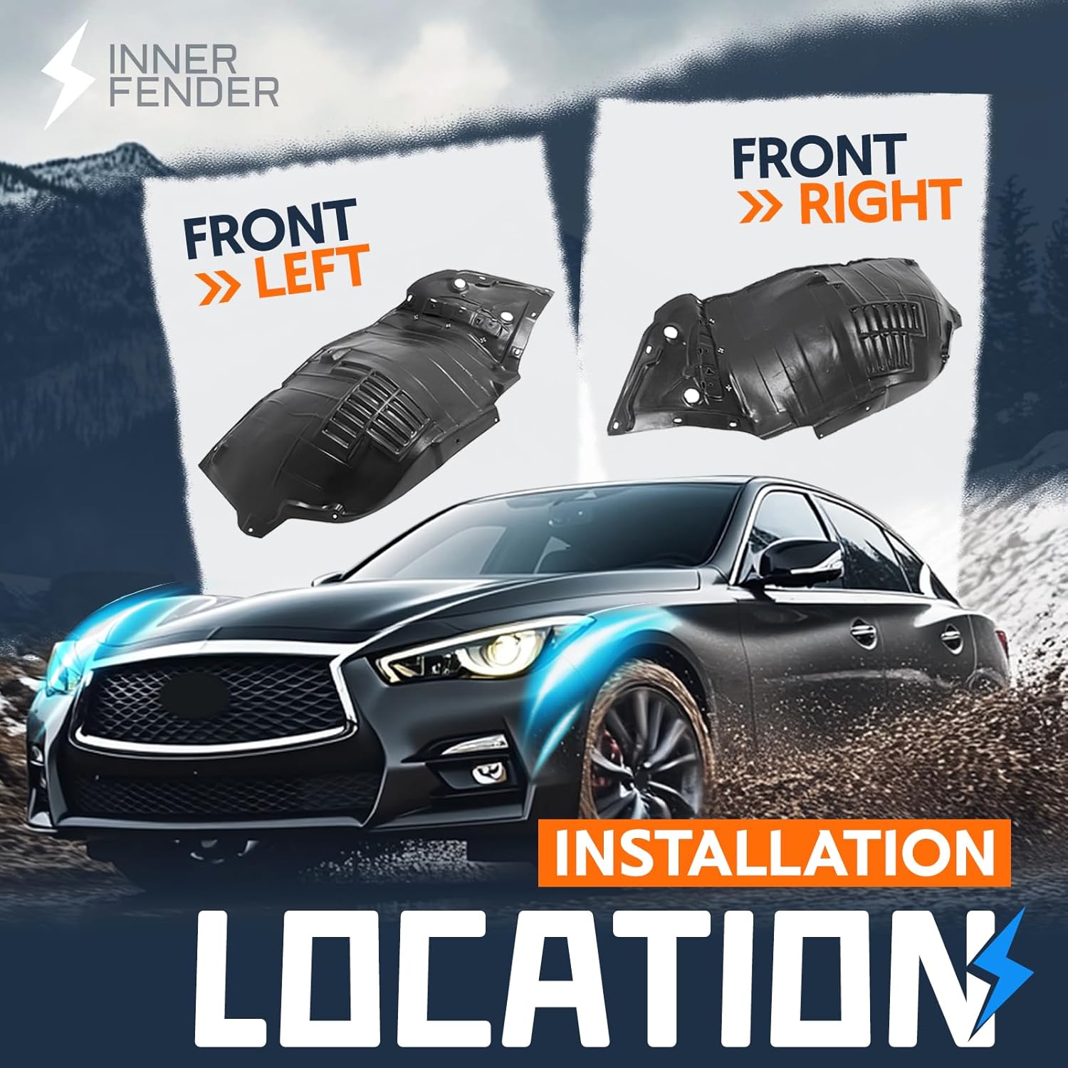 Front Fender Liner Inner Panel Compatible with 2014-2023 Infiniti Q50 Replacement for 638404GA0B 638414GA0B IN1248128 IN1249128 Wheel Liner Splash Shield Guard Left & Right Side (Front Section)