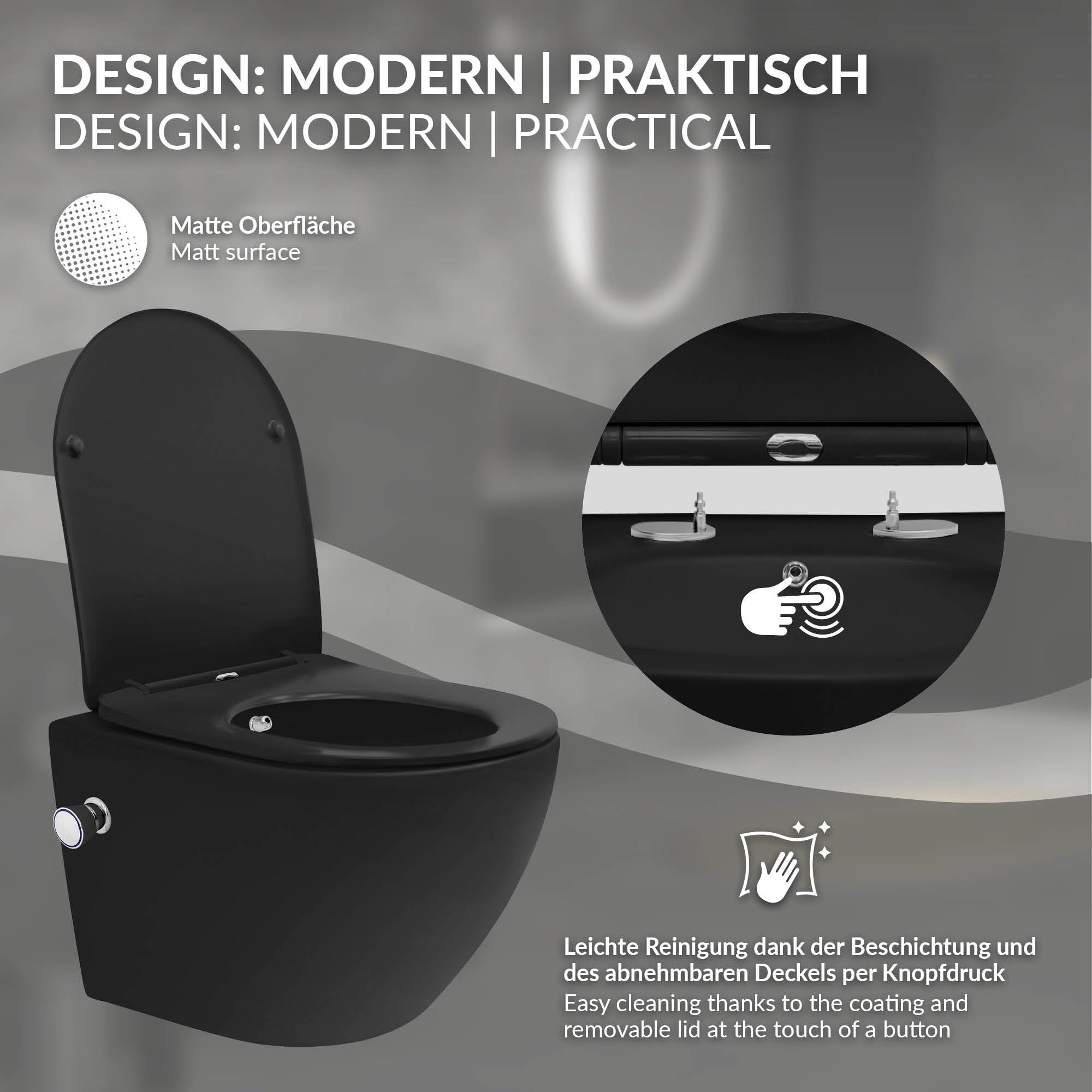 LuxeBath WC Suspendido con Función Bidé Negro de Cerámica, Inodoro Colgante 49 cm Corto con Cierre Suave Descarga Profunda de Tornado para Baño, Wáter con Asiento Extraíble y Tapa Brillante Softclose