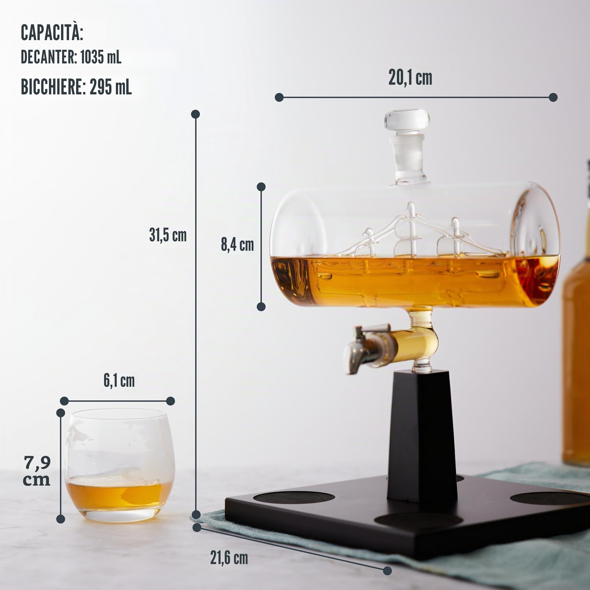 Decanter per Whisky e Grappa (1000 ml) con Set di Bicchieri - Dispenser di Alcol a Forma di Nave - Confezione Regalo con Design Raffinato