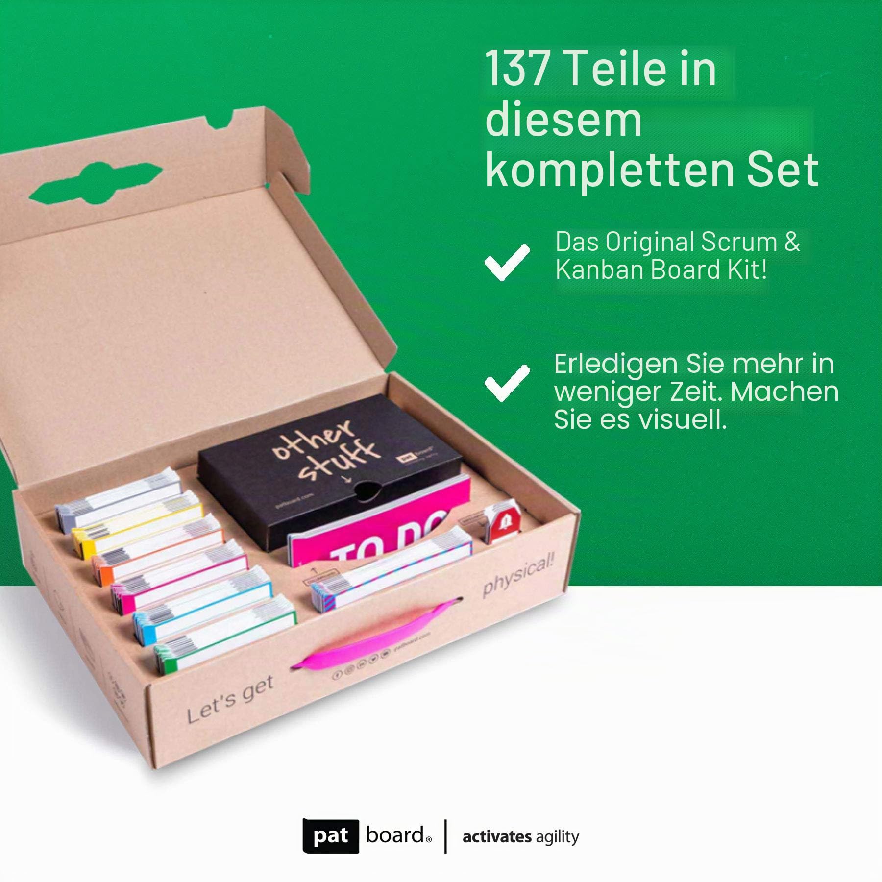 PATboard Kanban Board und Scrum Board – Full Tool Set für Whiteboard, Magnettafel - Beschreibbare Magnete, Scrum & Kanban Karten - Whiteboard Zubehör