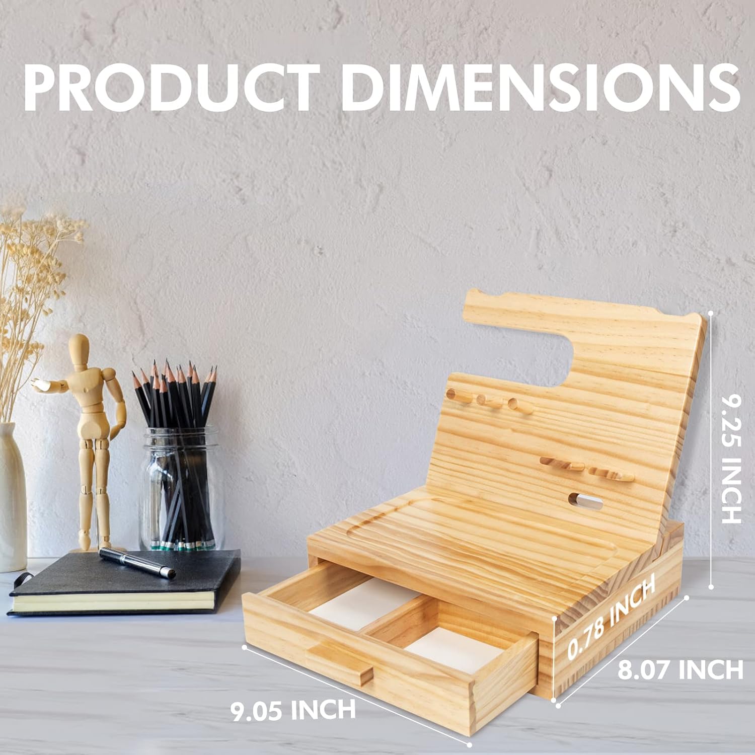 Solid Wood Nightstand Organizer, Docking Station, Gifts for Men, Made of Cedar, Versatile Bedside Table Organizer for Cellphone, Watch, Headphone, Keys Natural Wood