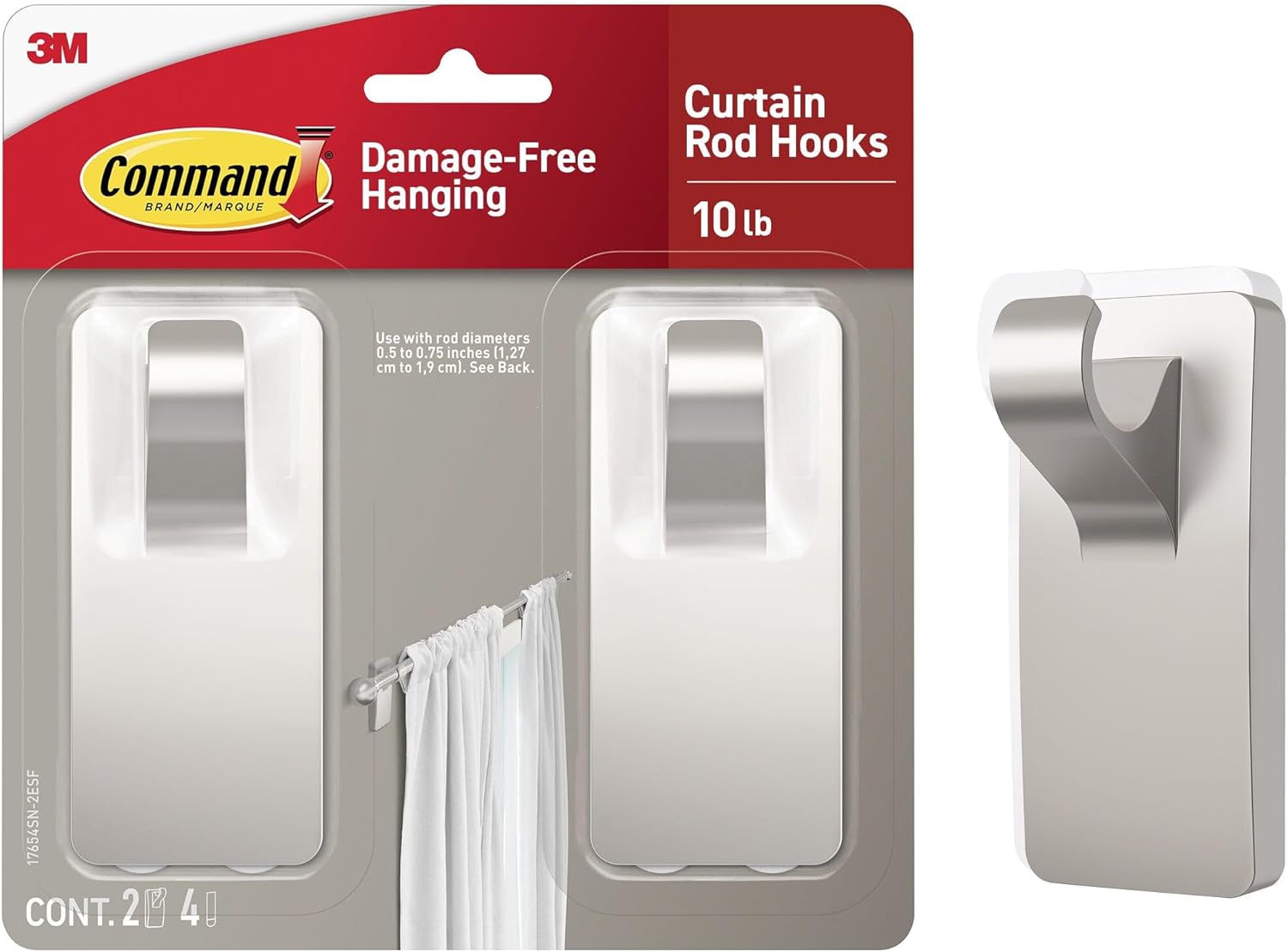 Command 10 lb Satin Nickel Curtain Rod Hooks, 2 Hangers and 4 Strips, No Drilling Home Decor and Room Decor, Use with Rod Diameters 0.5-0.75" - Amazon product rated Grade B