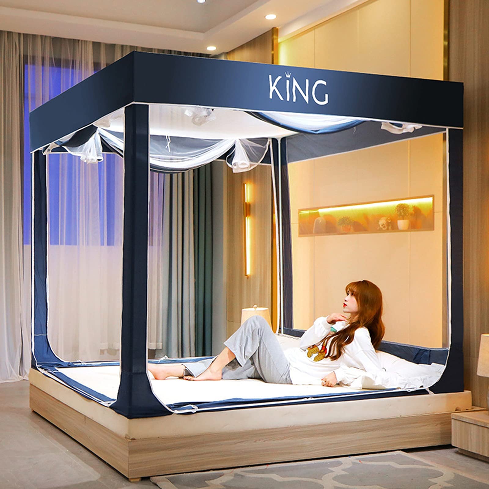 Portable Folding Mosquito Net Bedroom Sleeping Tent Bed with Double Zipper And Door for Adult Baby King/Queen/Single Bed Anti-Mosquito Net,Easy To Install,Blue a,2.0M