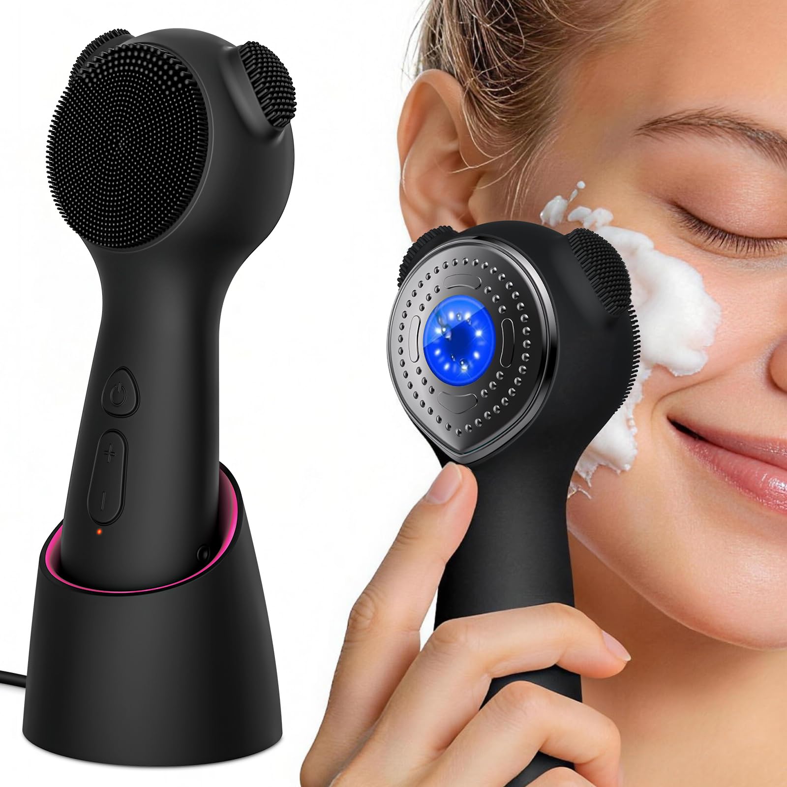 Exfoliante facial eléctrico, cepillo de limpieza facial de silicona recargable con punta de masaje térmico, limpiador facial vibrador para limpieza profunda, cepillo facial impermeable para hombres y